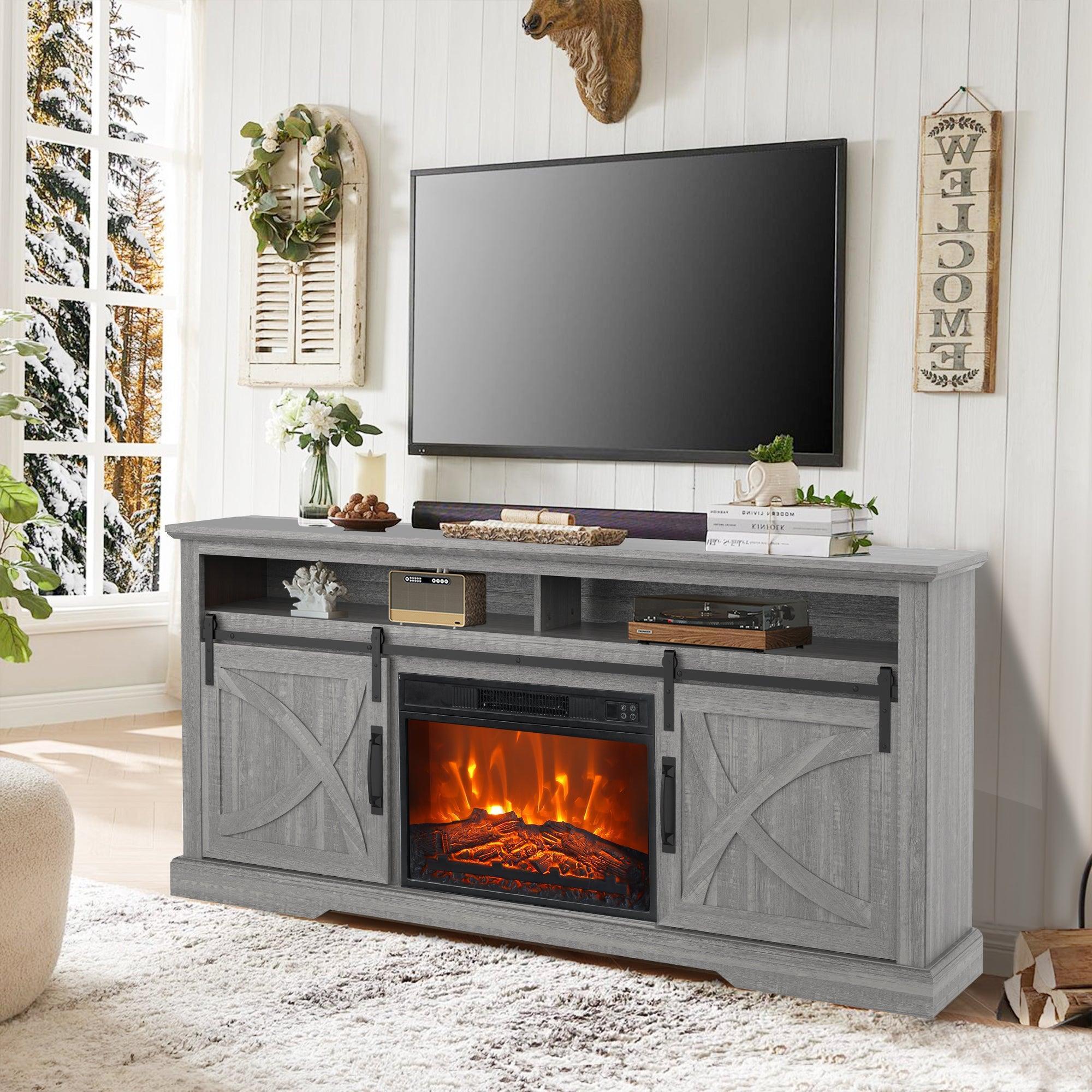 Parrot Uncle 68-Inch Farmhouse TV Stand with 23-Inch Insert Opening Electric Fireplace - Image 37