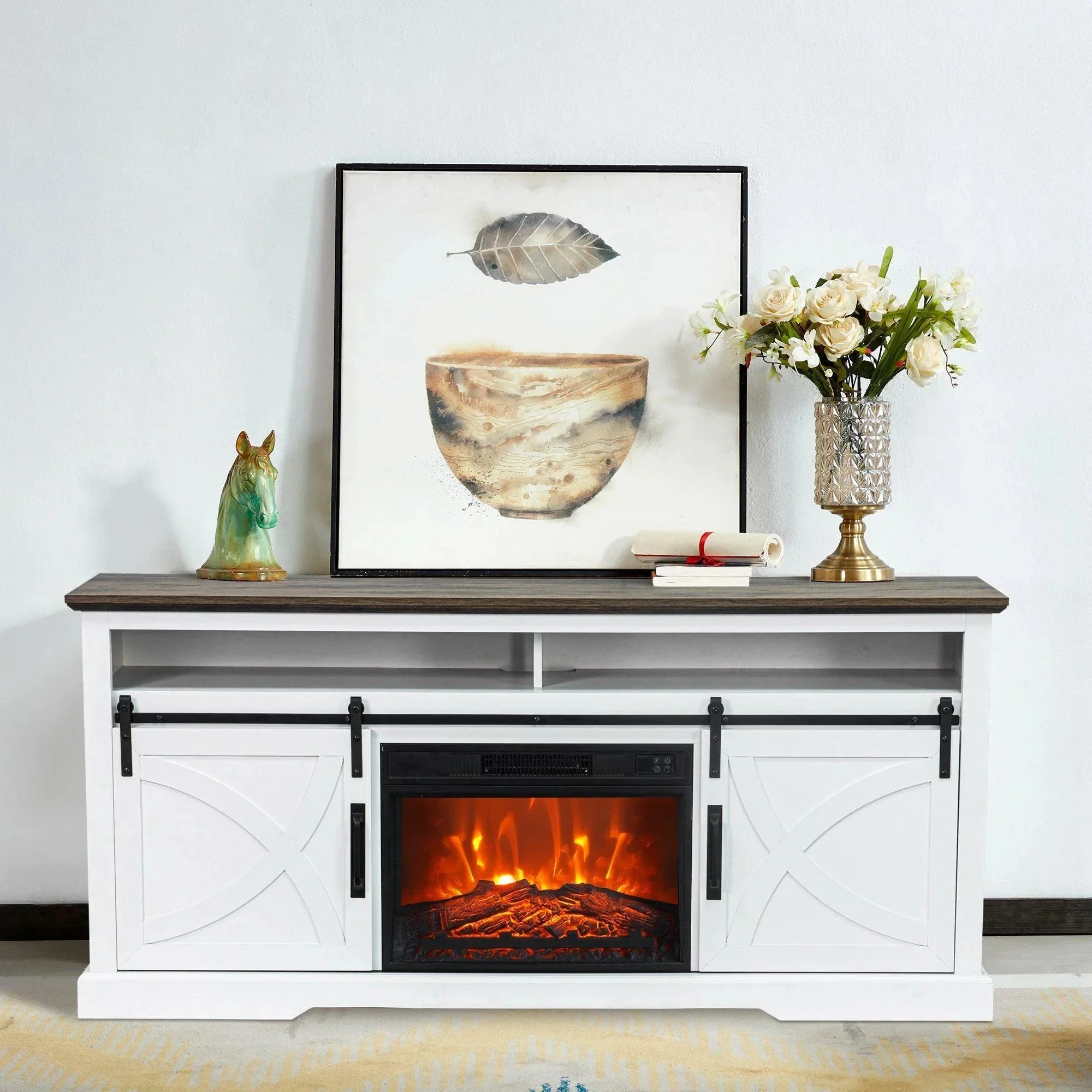 Parrot Uncle 68-Inch Farmhouse TV Stand with 23-Inch Insert Opening Electric Fireplace - Image 4