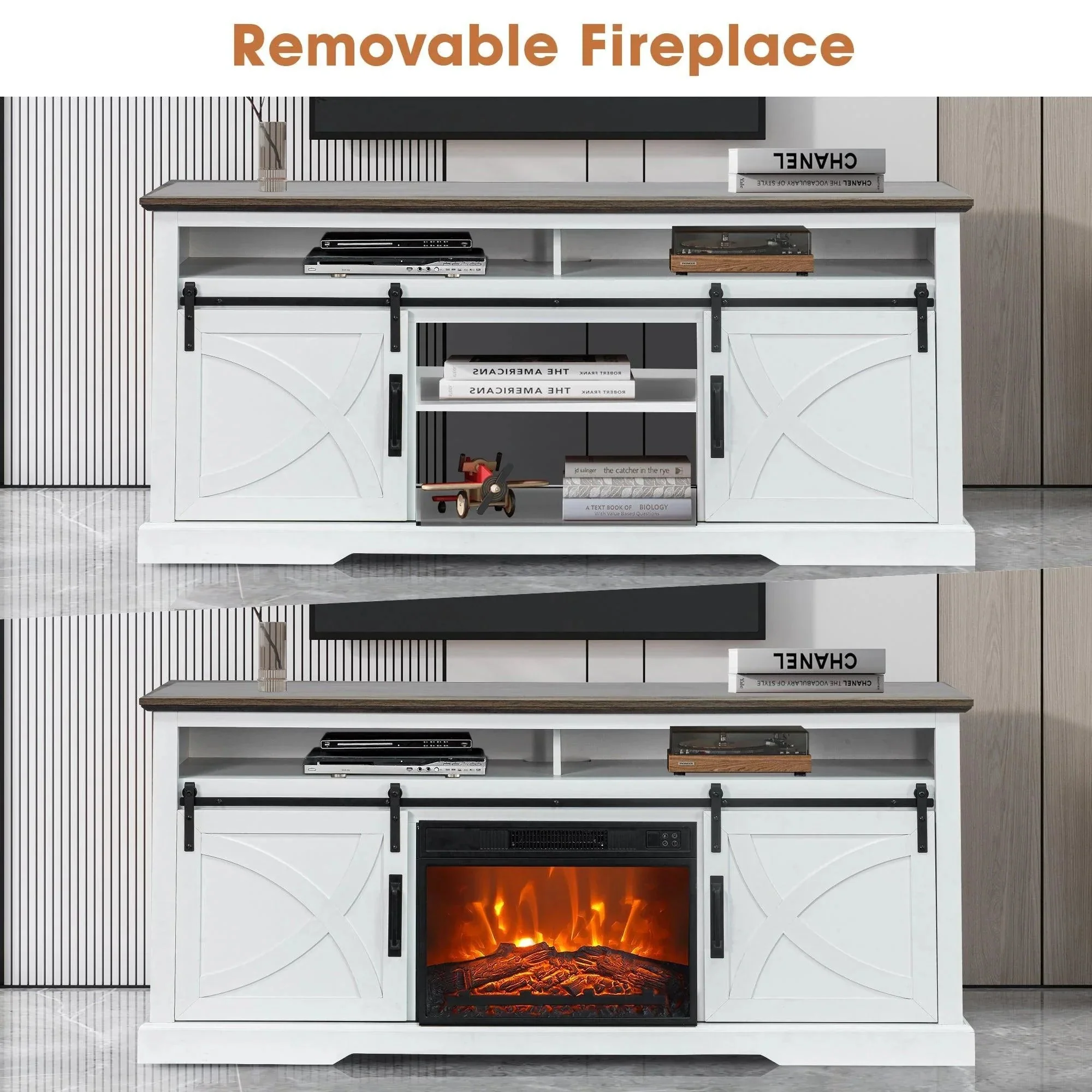 Parrot Uncle 68-Inch Farmhouse TV Stand with 23-Inch Insert Opening Electric Fireplace - Image 5
