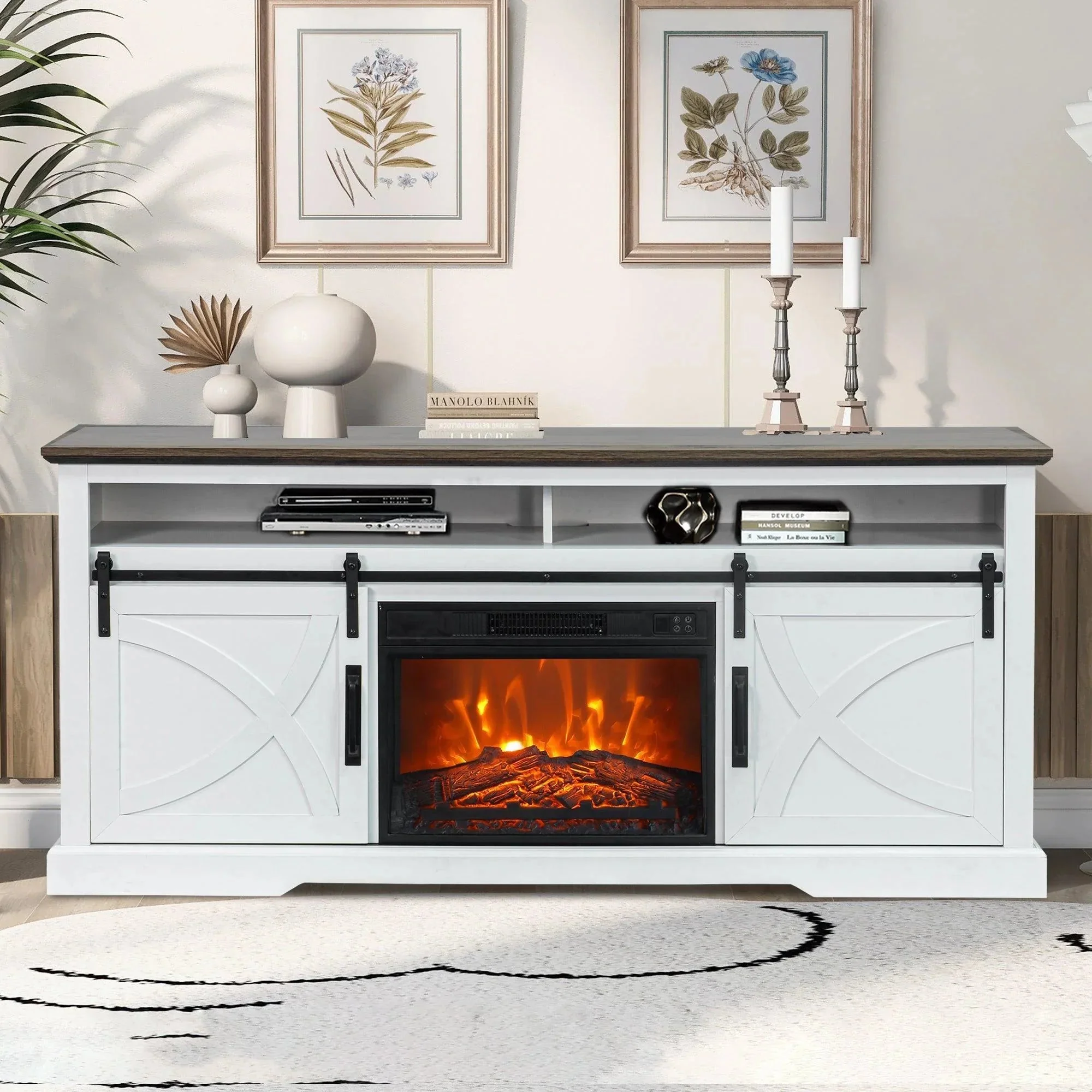 Parrot Uncle 68-Inch Farmhouse TV Stand with 23-Inch Insert Opening Electric Fireplace - Image 9