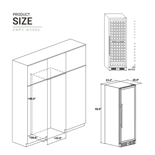 Empava 70-Inch Tall 160 Bottles Freestanding Built-In Dual Zone Wine Cooler (EMPV-WC08D) - Image 14