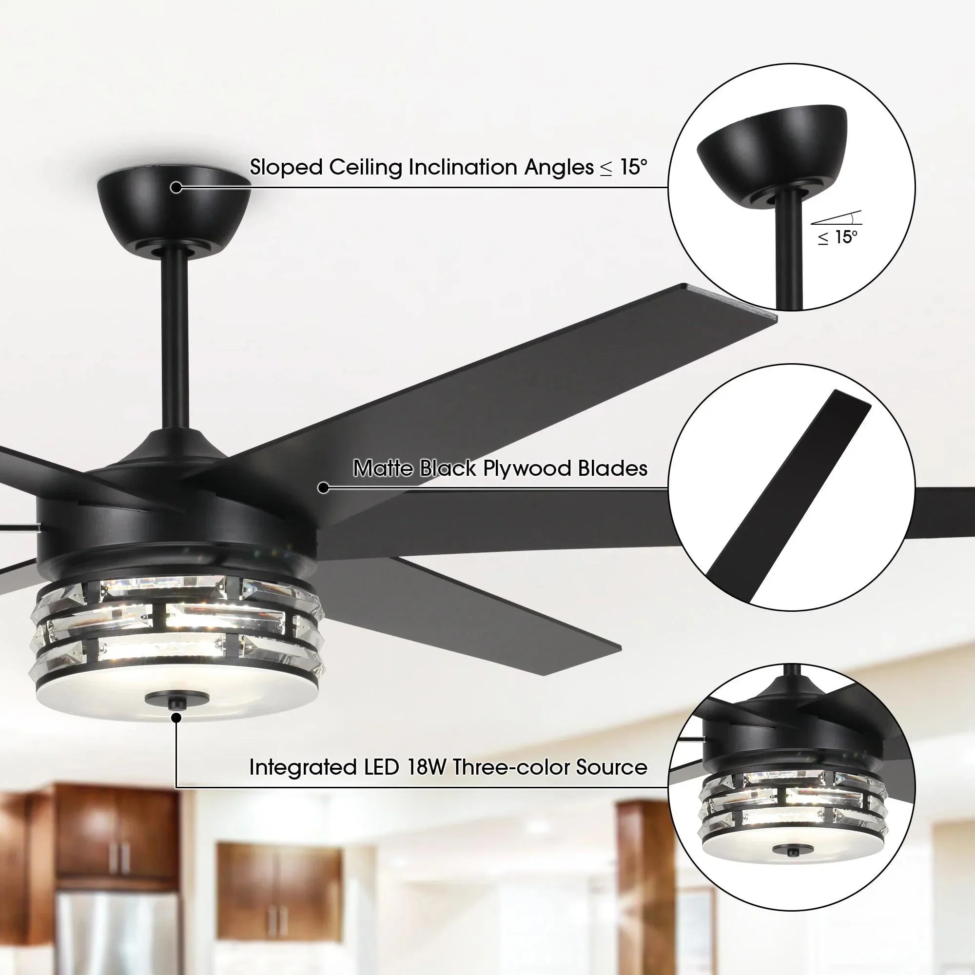 Parrot Uncle 70-Inch Modern DC Motor Downrod Mount Reversible Ceiling Fan with Lighting and Remote Control (F8246BK110V) - Image 10