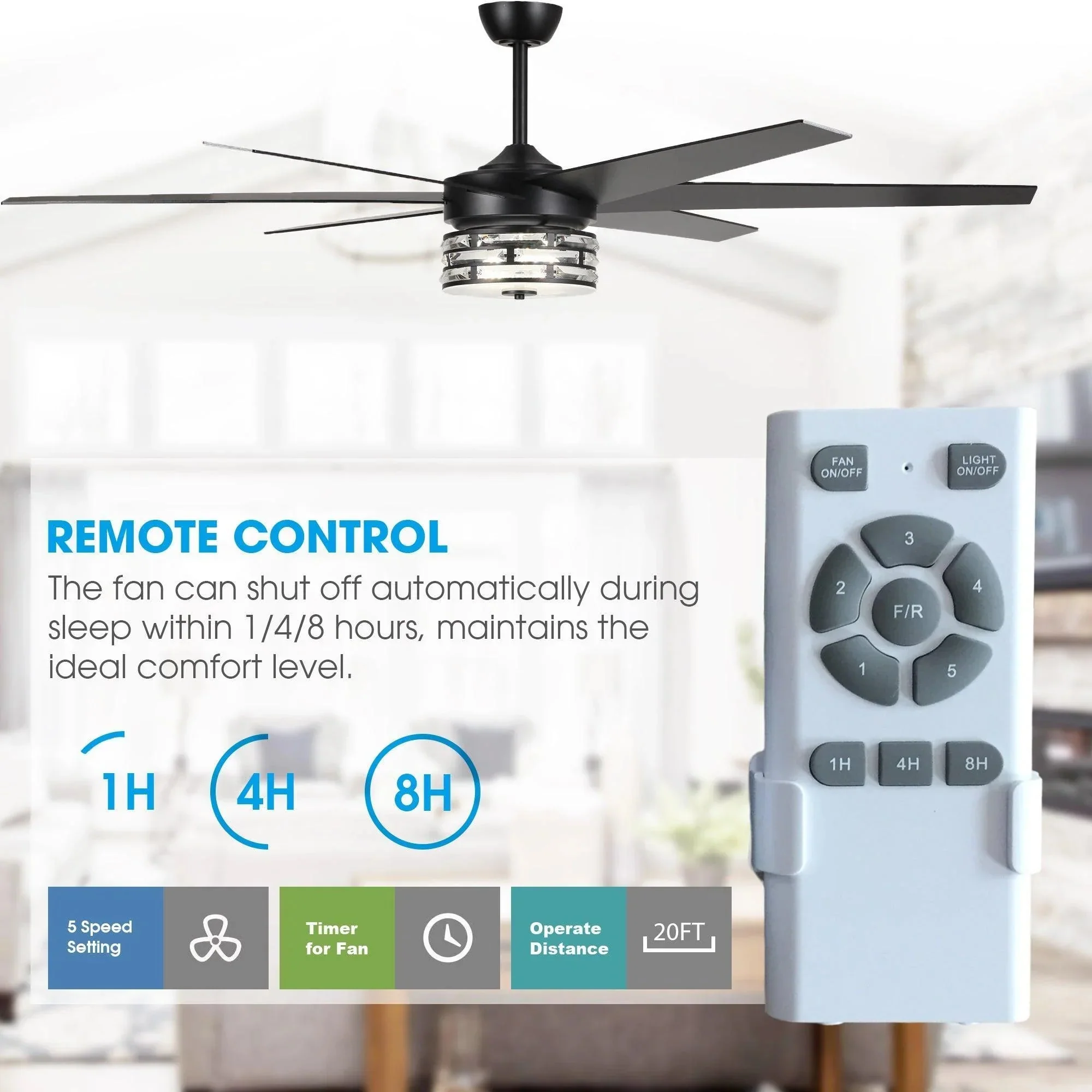 Parrot Uncle 70-Inch Modern DC Motor Downrod Mount Reversible Ceiling Fan with Lighting and Remote Control (F8246BK110V) - Image 12