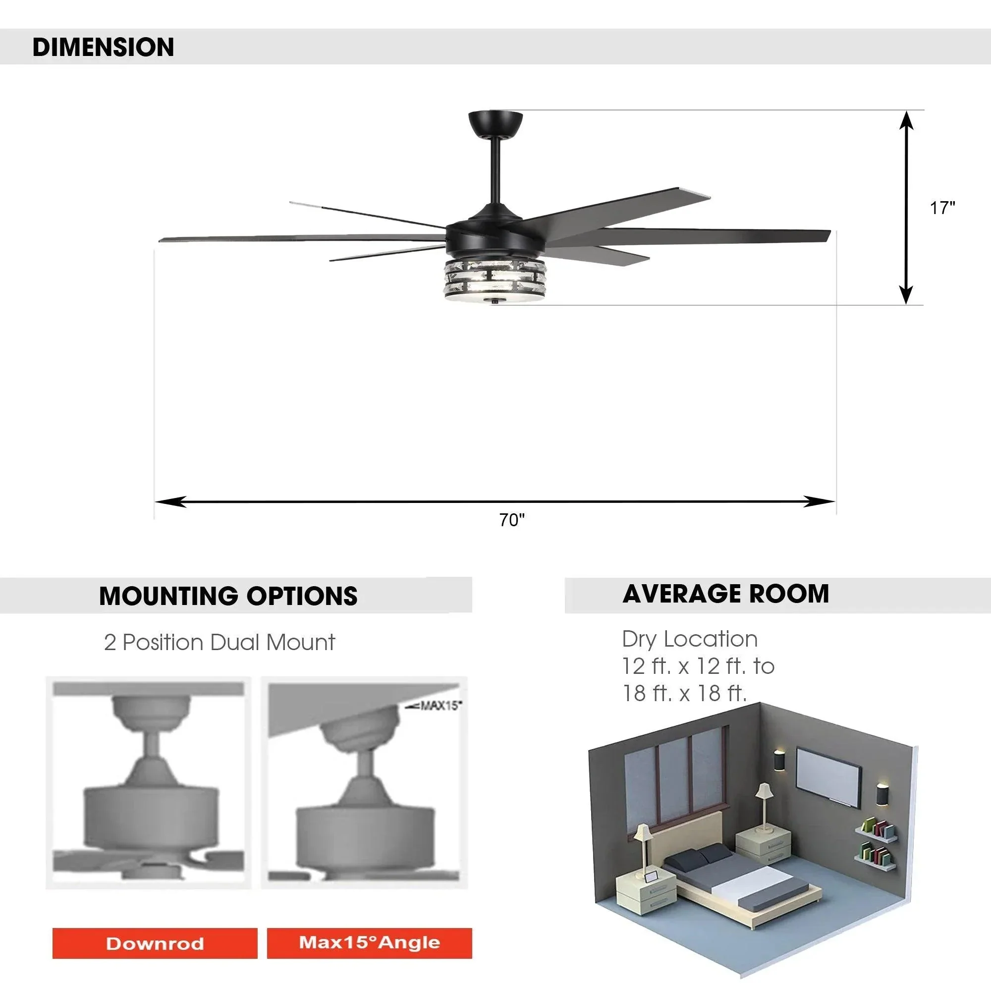 Parrot Uncle 70-Inch Modern DC Motor Downrod Mount Reversible Ceiling Fan with Lighting and Remote Control (F8246BK110V) - Image 14