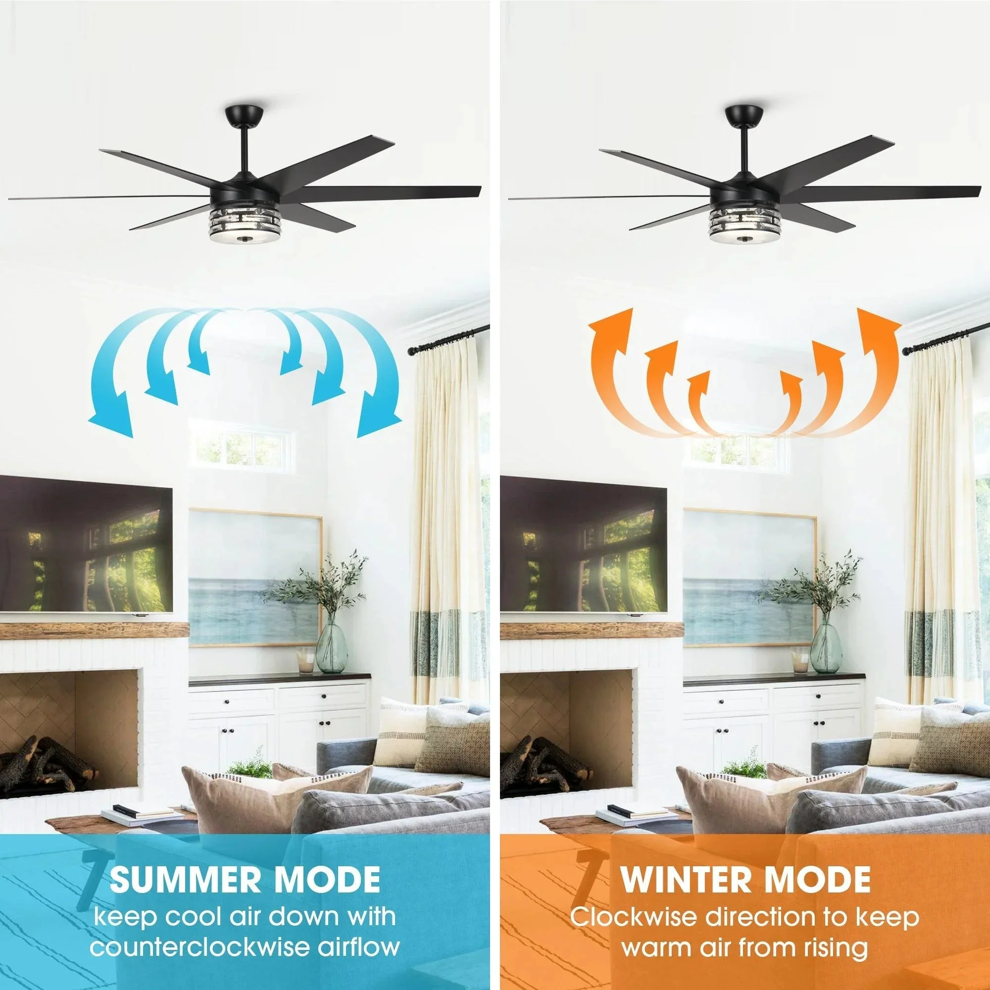 Parrot Uncle 70-Inch Modern DC Motor Downrod Mount Reversible Ceiling Fan with Lighting and Remote Control (F8246BK110V) - Image 8