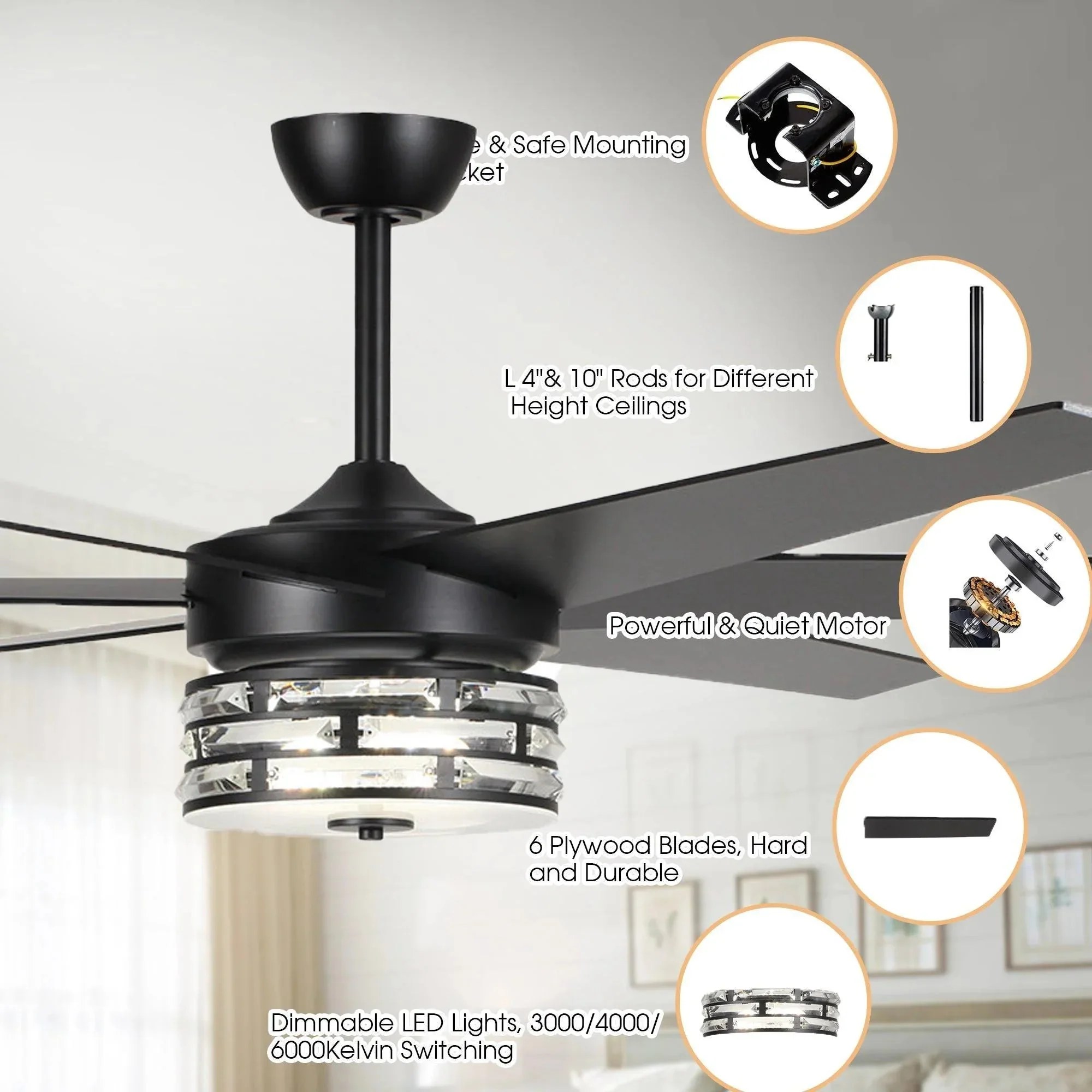 Parrot Uncle 70-Inch Modern DC Motor Downrod Mount Reversible Ceiling Fan with Lighting and Remote Control (F8246BK110V) - Image 9