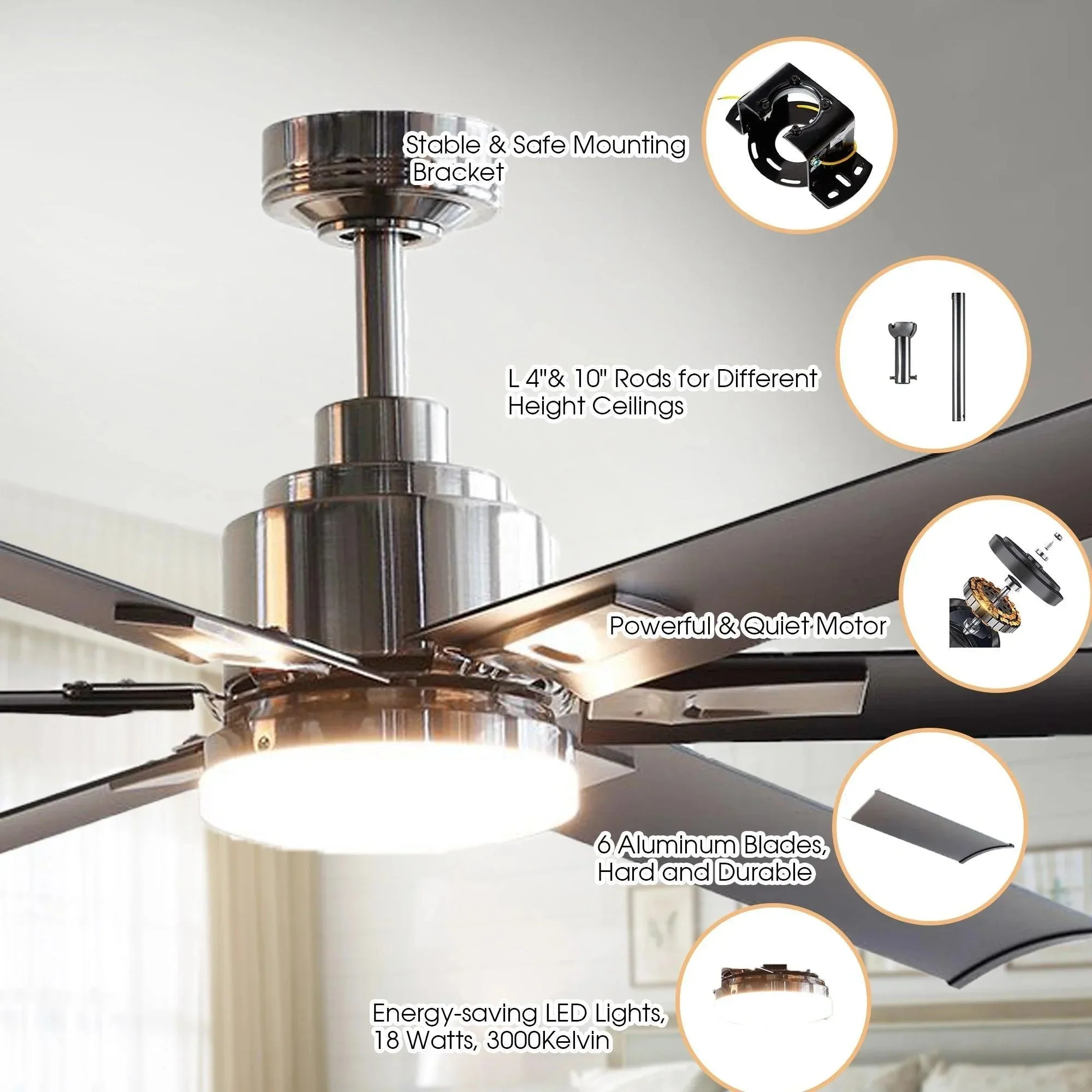 Parrot Uncle 72-Inch Bankston Modern DC Motor Downrod Mount Reversible Ceiling Fan with Lighting and Remote Control - Image 5