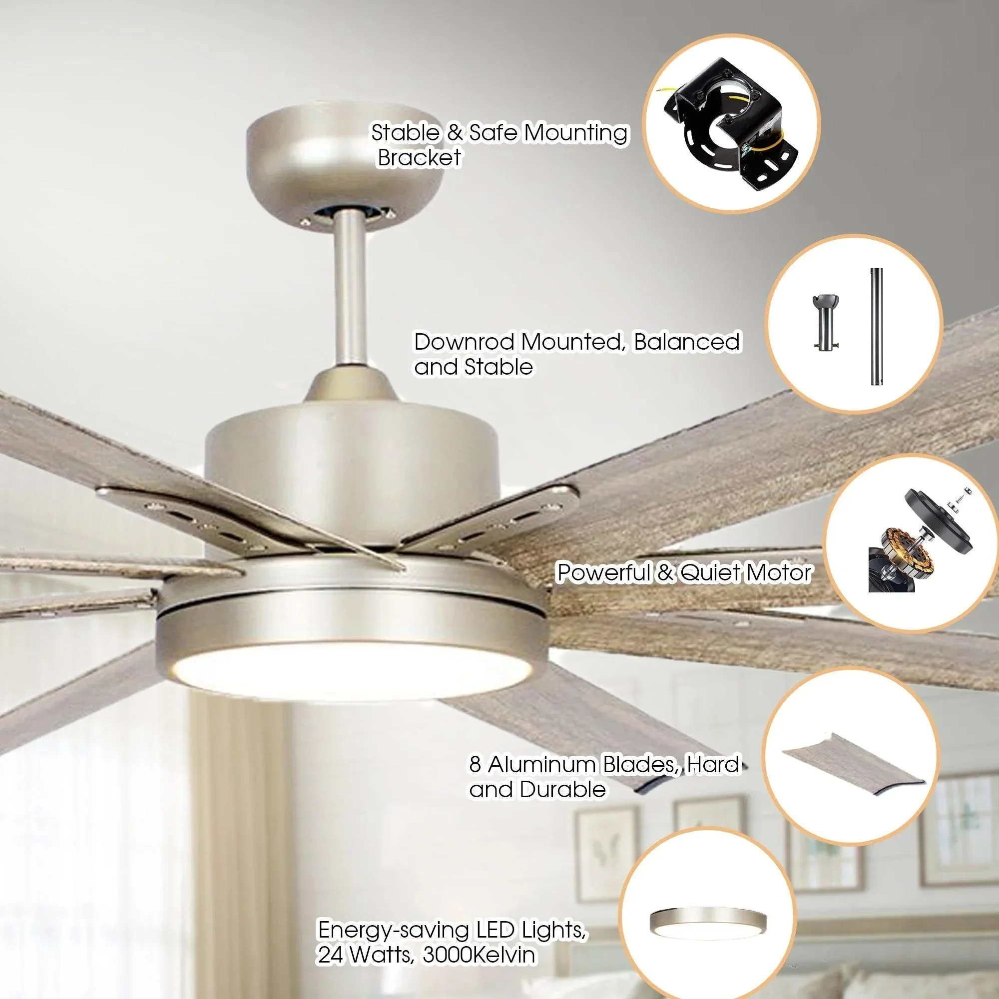 Parrot Uncle 72-Inch Bankston Modern Satin Nickel DC Motor Downrod Mount Ceiling Fan with LED Lighting and Remote Control (F8220110V) - Image 4