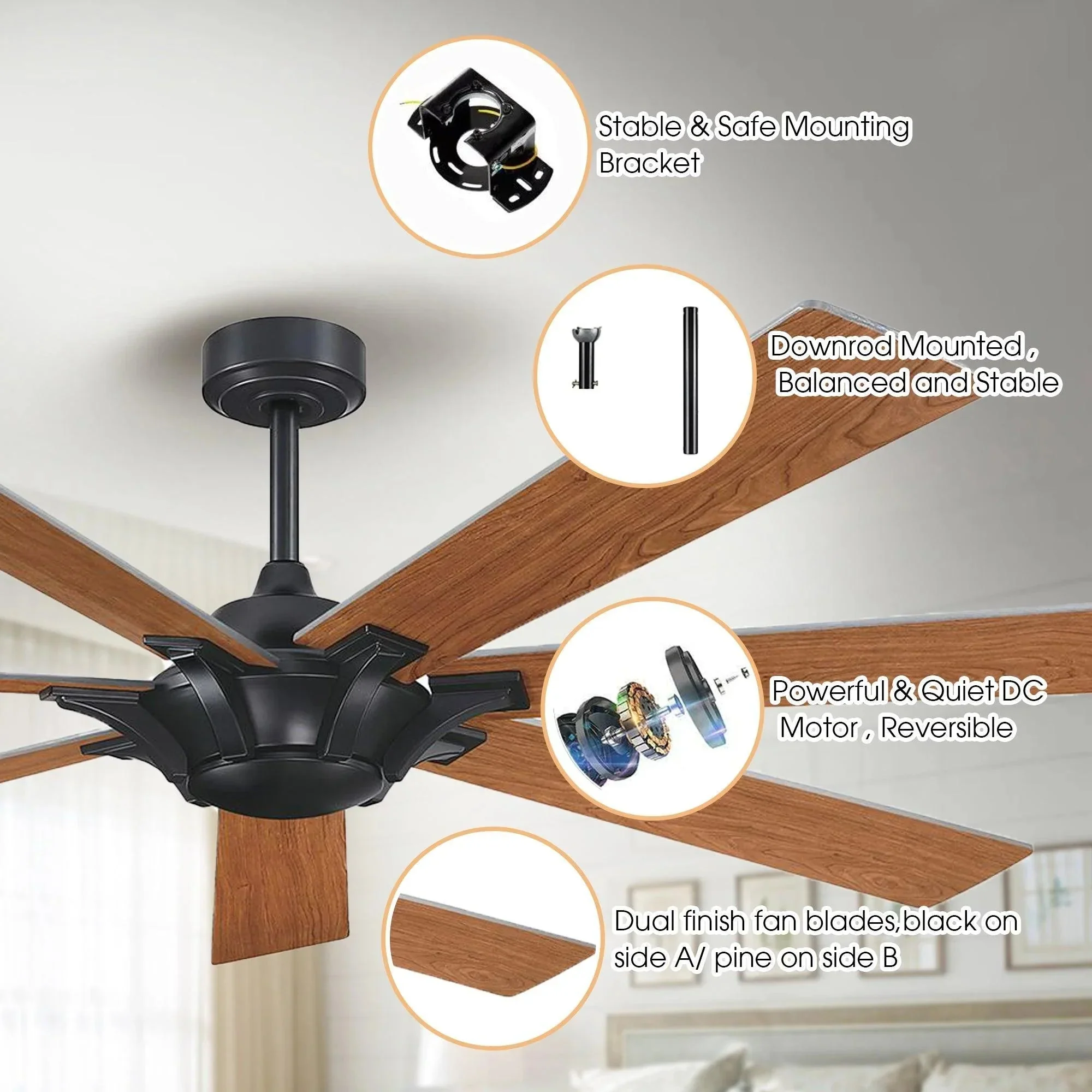 Parrot Uncle 72-Inch Farmhouse DC Motor Brushed Nickel Downrod Mount Reversible Ceiling Fan with Remote Control - Image 5