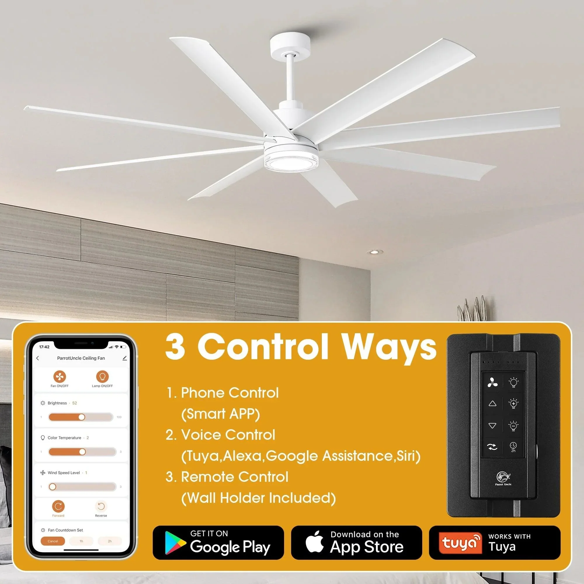 Parrot Uncle 72-Inch Daugava Modern Downrod Mount Smart Fan with LED Light - Image 6
