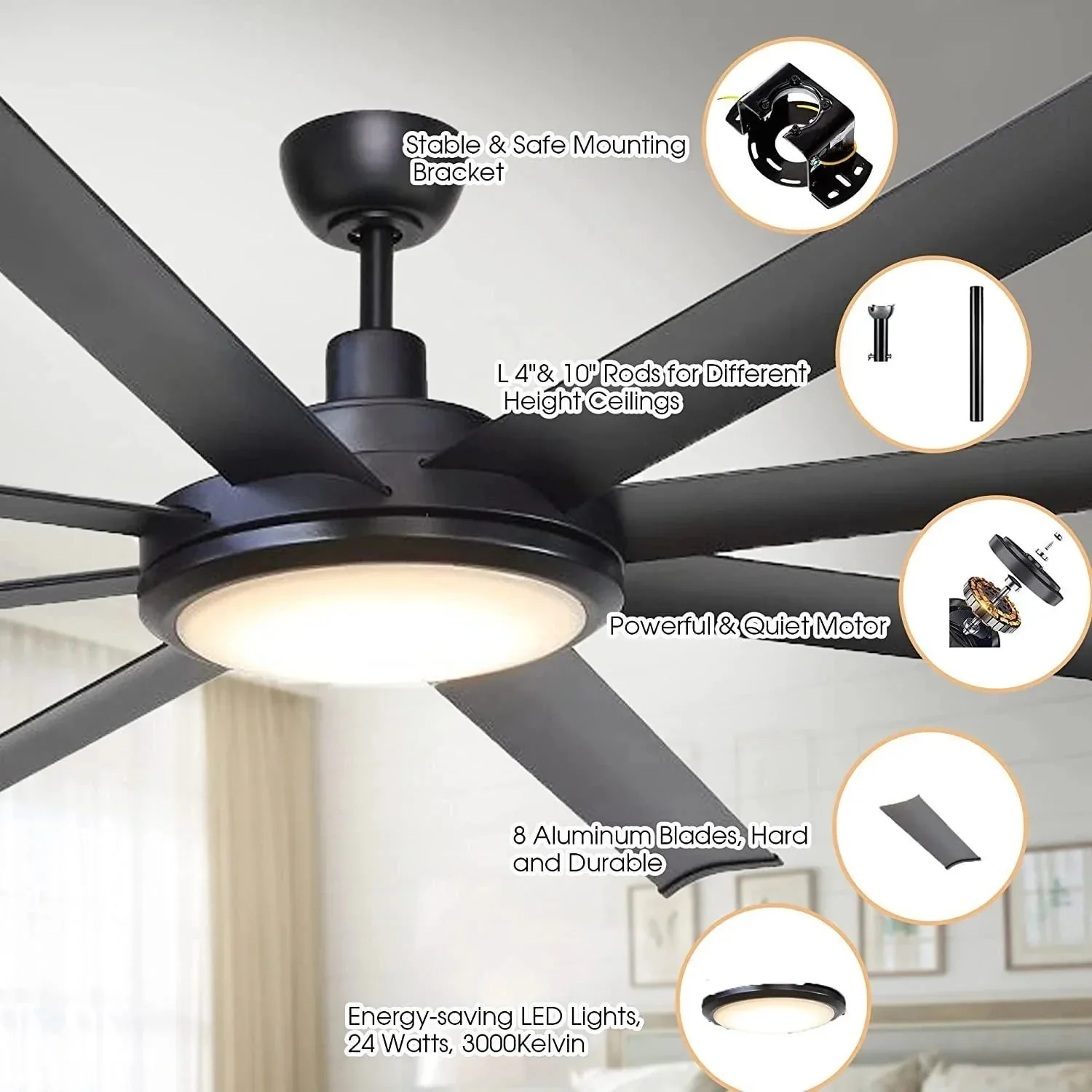 Parrot Uncle 75-Inch Industrial DC Motor Downrod Mount Reversible Ceiling Fan with Lighting and Remote Control (F8219110V) - Image 7