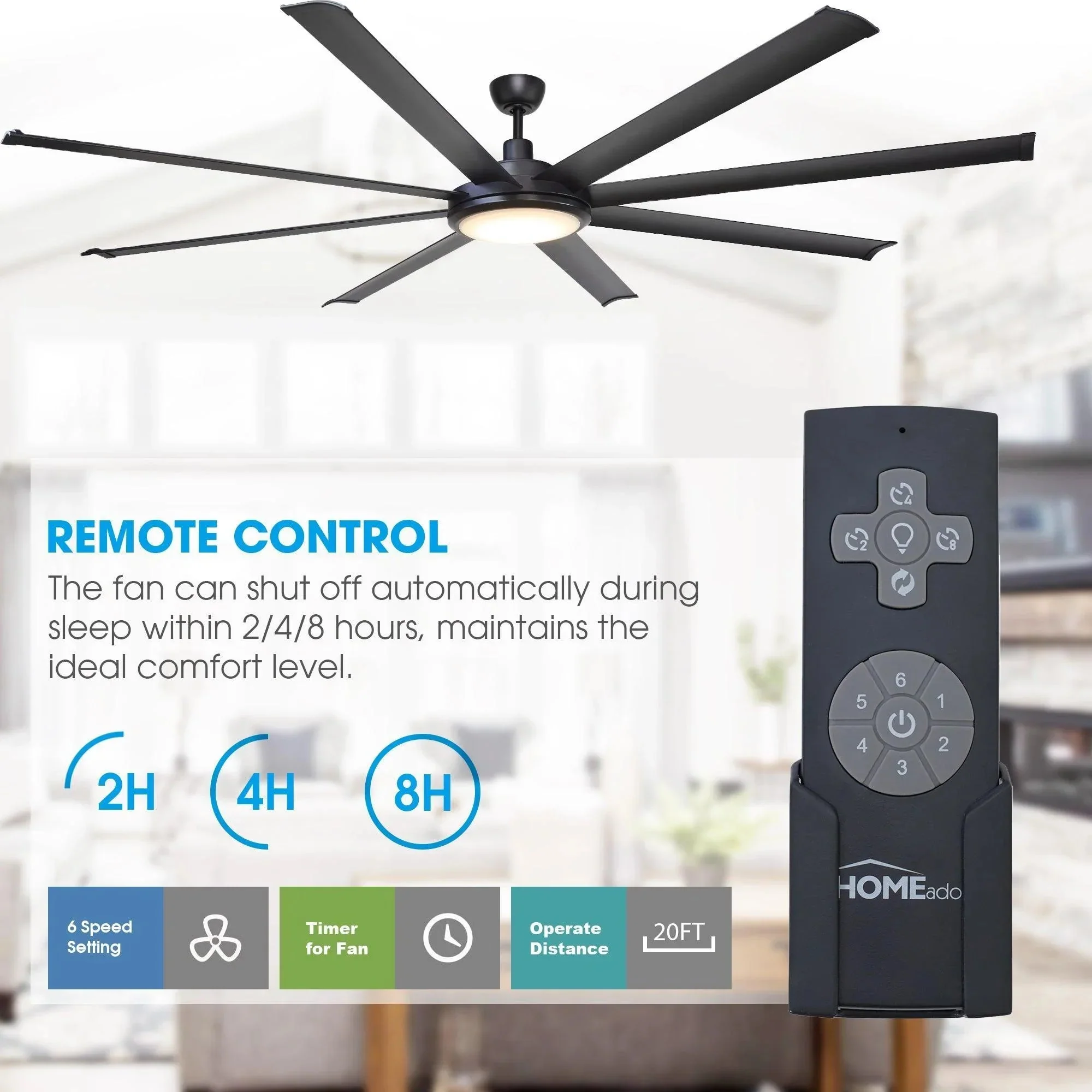 Parrot Uncle 75-Inch Industrial DC Motor Downrod Mount Reversible Ceiling Fan with Lighting and Remote Control (F8219110V) - Image 9