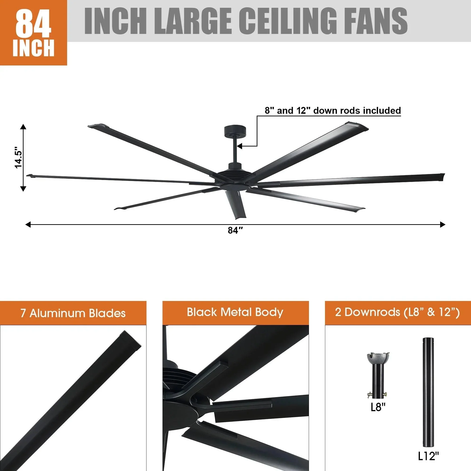 Parrot Uncle 84-Inch 100-Inch Silent Storm Extra Large Ceiling Fan with Remote Control - Image 7