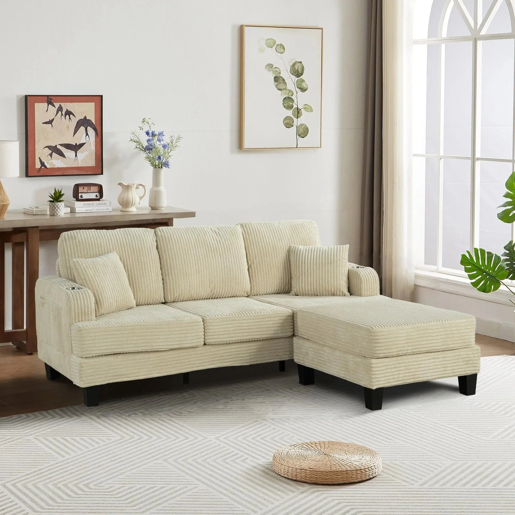 Parrot Uncle Beige 3 Piece Set Comfy Sofa Couch 3-Seater & Loveseat Sofa with Storage Ottoman with USB - Image 11