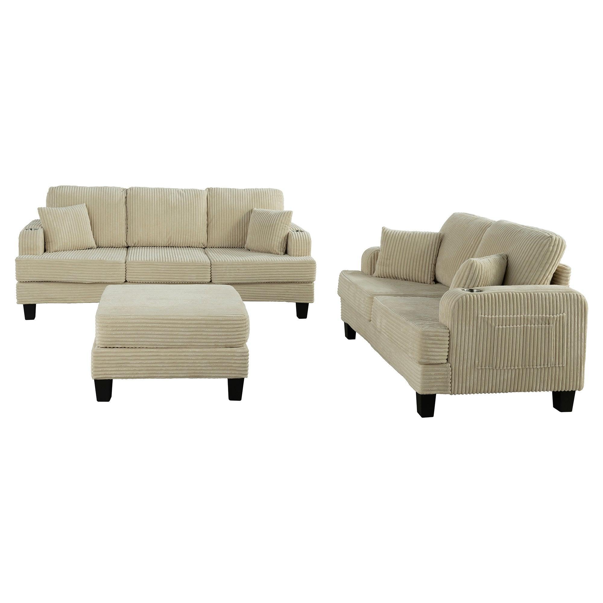 Parrot Uncle Beige 3 Piece Set Comfy Sofa Couch 3-Seater & Loveseat Sofa with Storage Ottoman with USB - Image 2