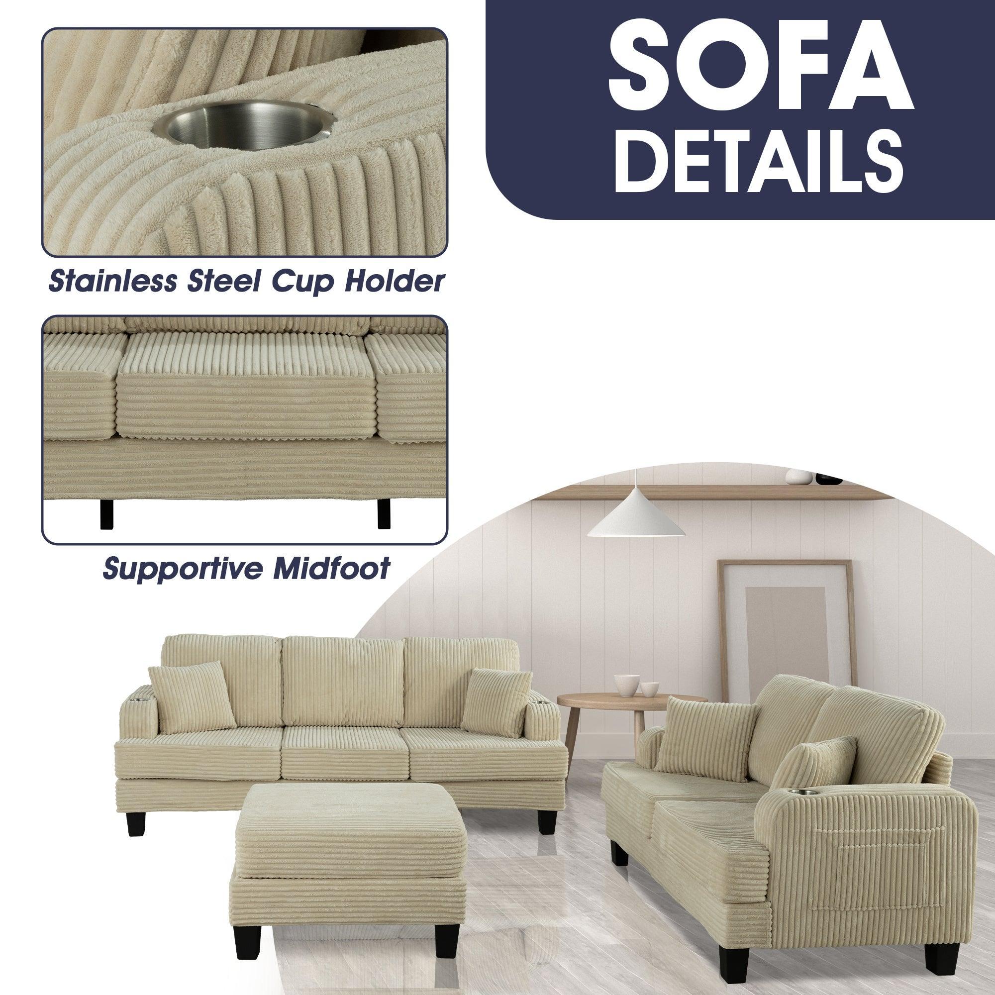 Parrot Uncle Beige 3 Piece Set Comfy Sofa Couch 3-Seater & Loveseat Sofa with Storage Ottoman with USB - Image 3