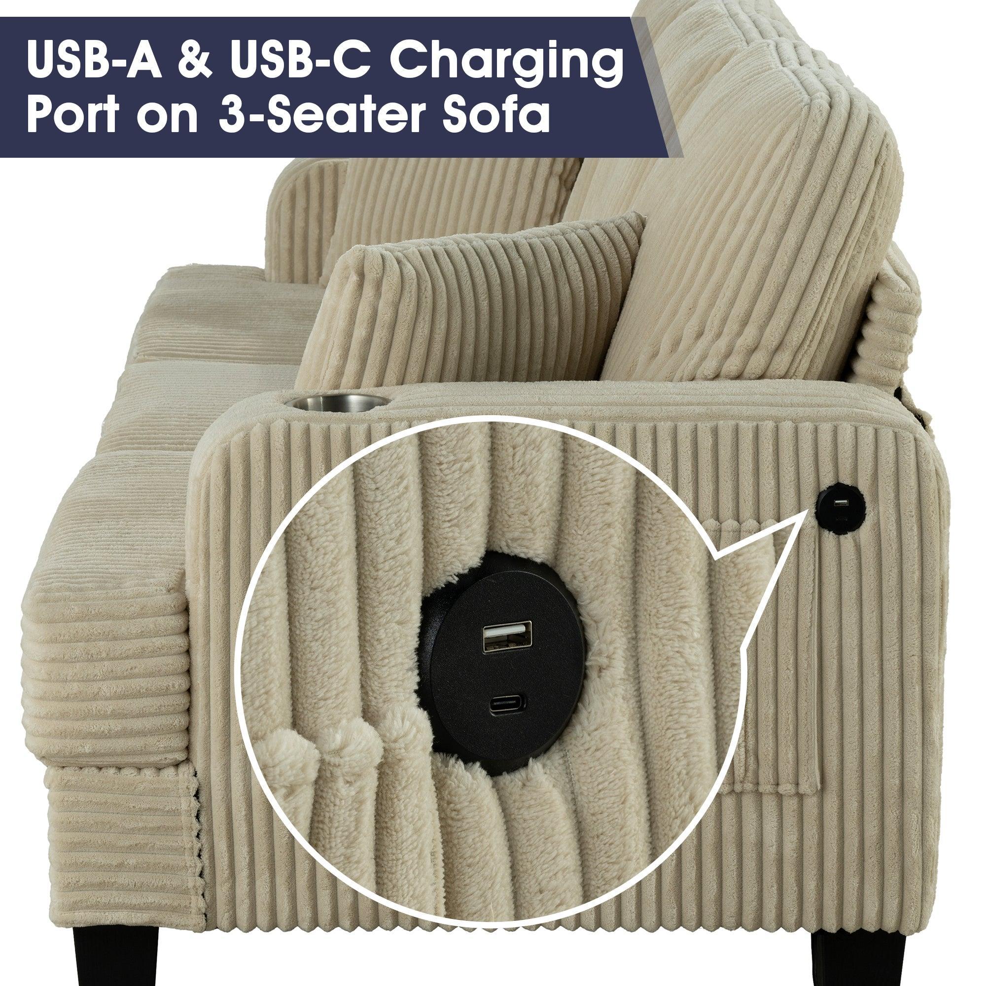 Parrot Uncle Beige 3 Piece Set Comfy Sofa Couch 3-Seater & Loveseat Sofa with Storage Ottoman with USB - Image 4
