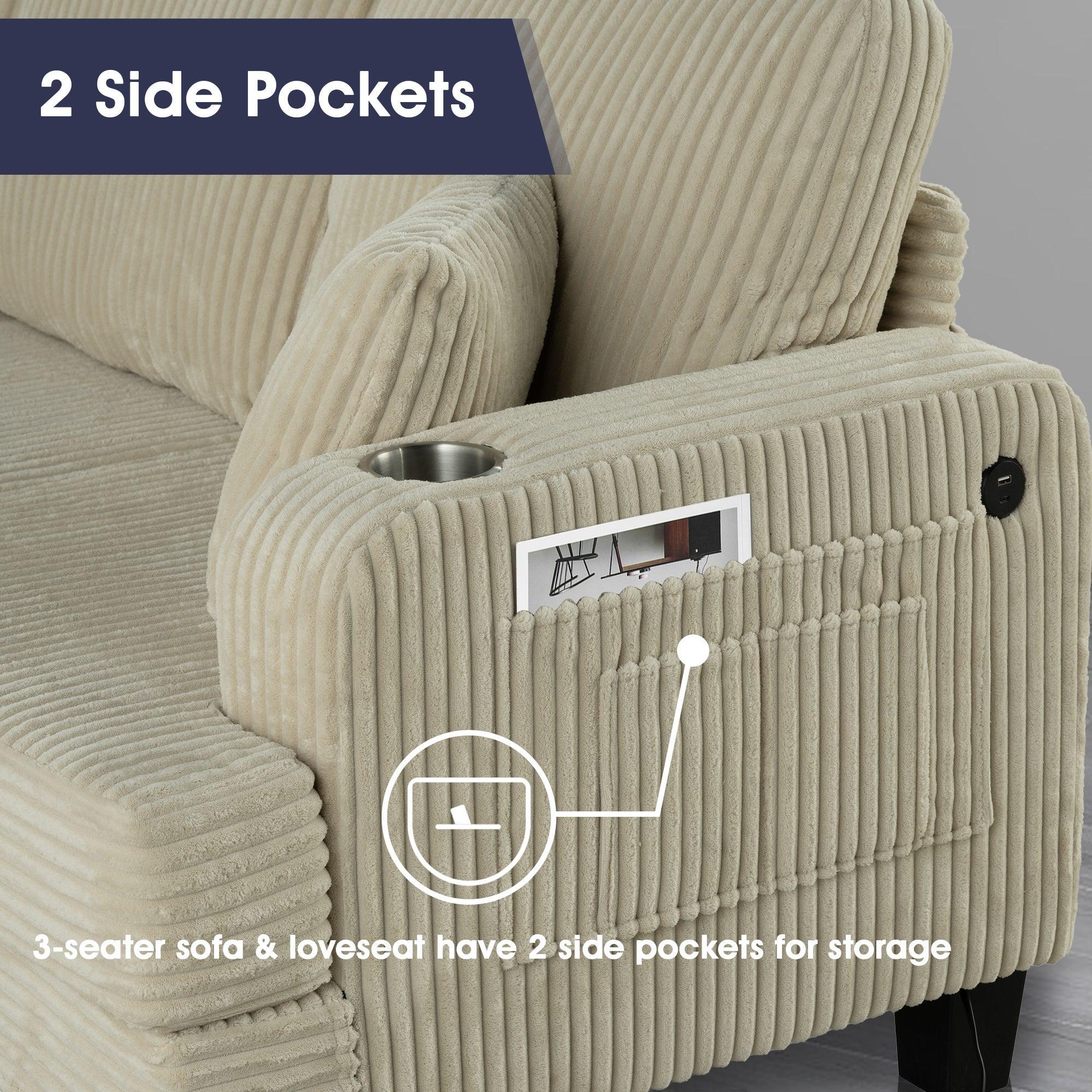 Parrot Uncle Beige 3 Piece Set Comfy Sofa Couch 3-Seater & Loveseat Sofa with Storage Ottoman with USB - Image 5