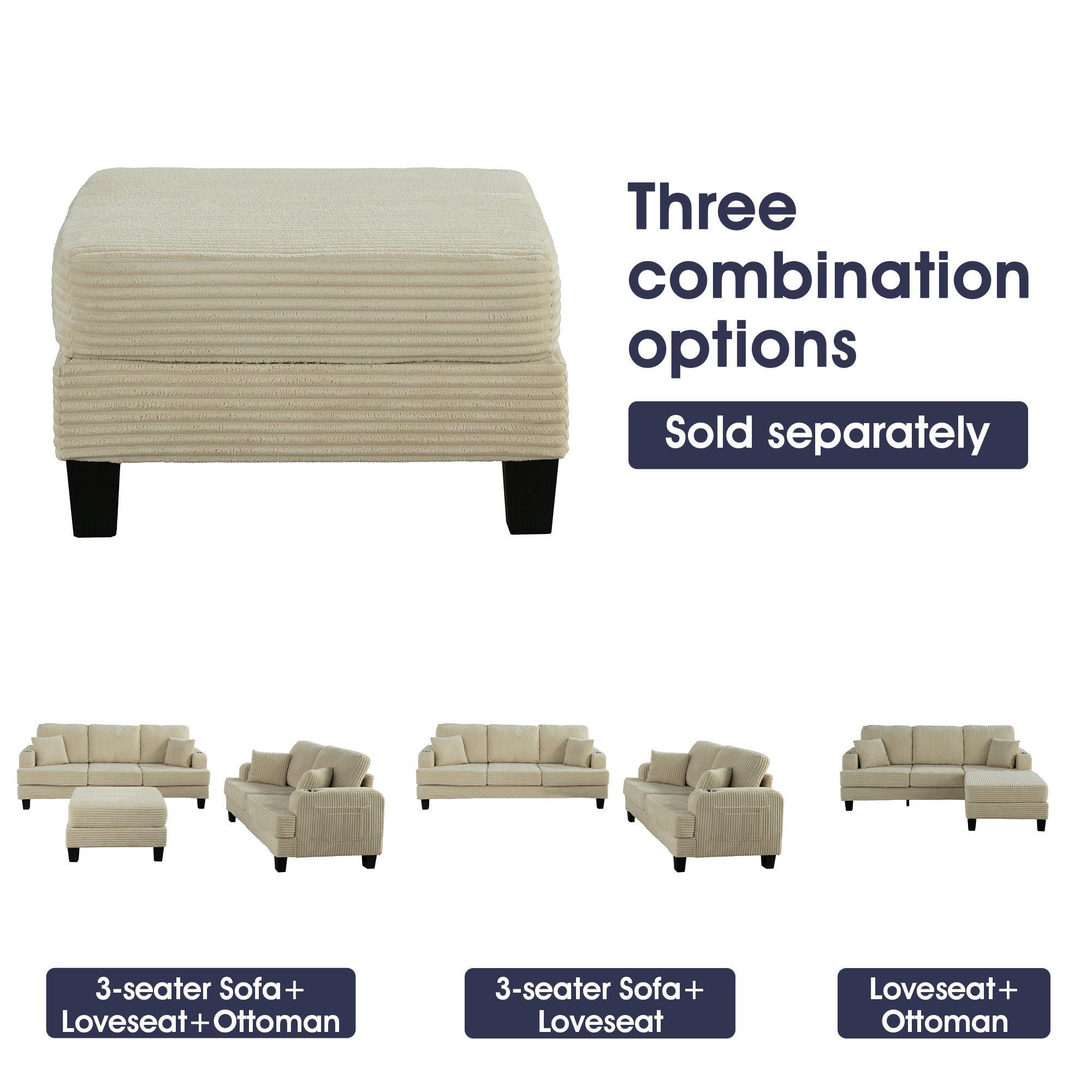 Parrot Uncle Beige 3 Piece Set Comfy Sofa Couch 3-Seater & Loveseat Sofa with Storage Ottoman with USB - Image 6
