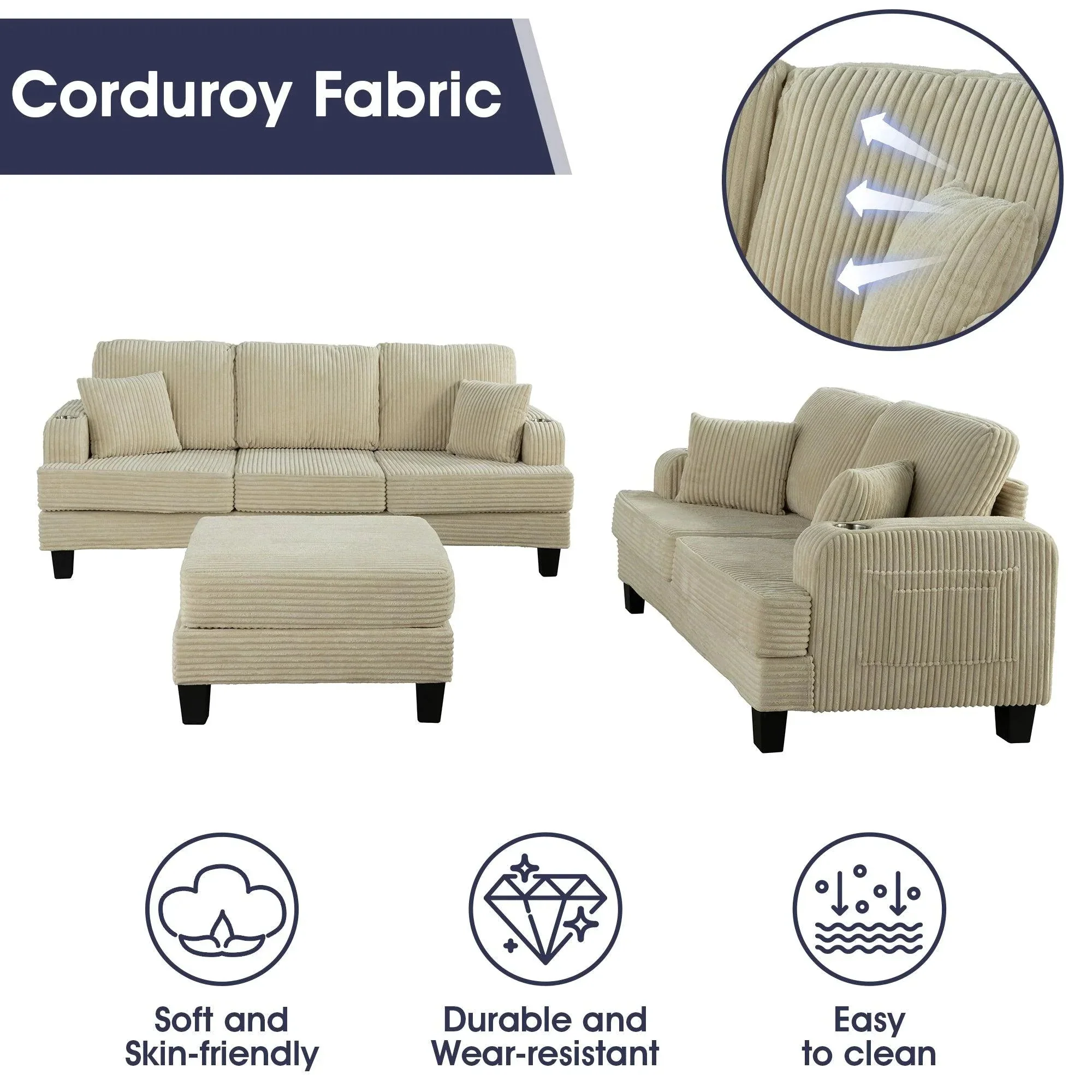 Parrot Uncle Beige 3 Piece Set Comfy Sofa Couch 3-Seater & Loveseat Sofa with Storage Ottoman with USB - Image 7