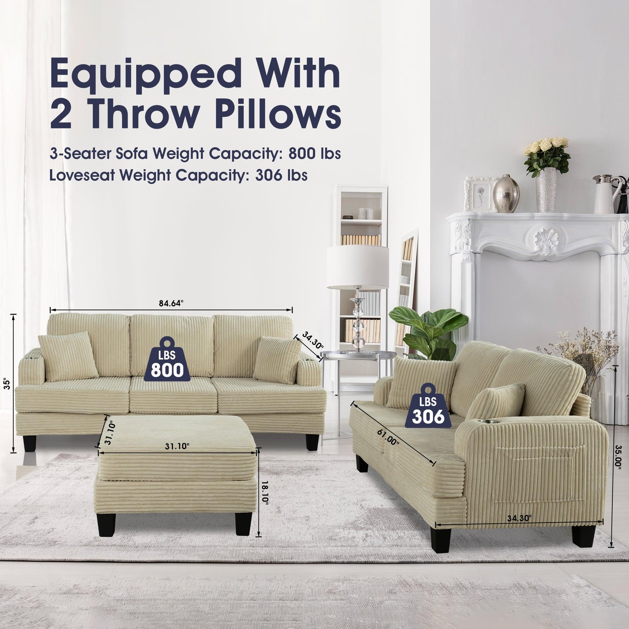 Parrot Uncle Beige 3 Piece Set Comfy Sofa Couch 3-Seater & Loveseat Sofa with Storage Ottoman with USB - Image 9
