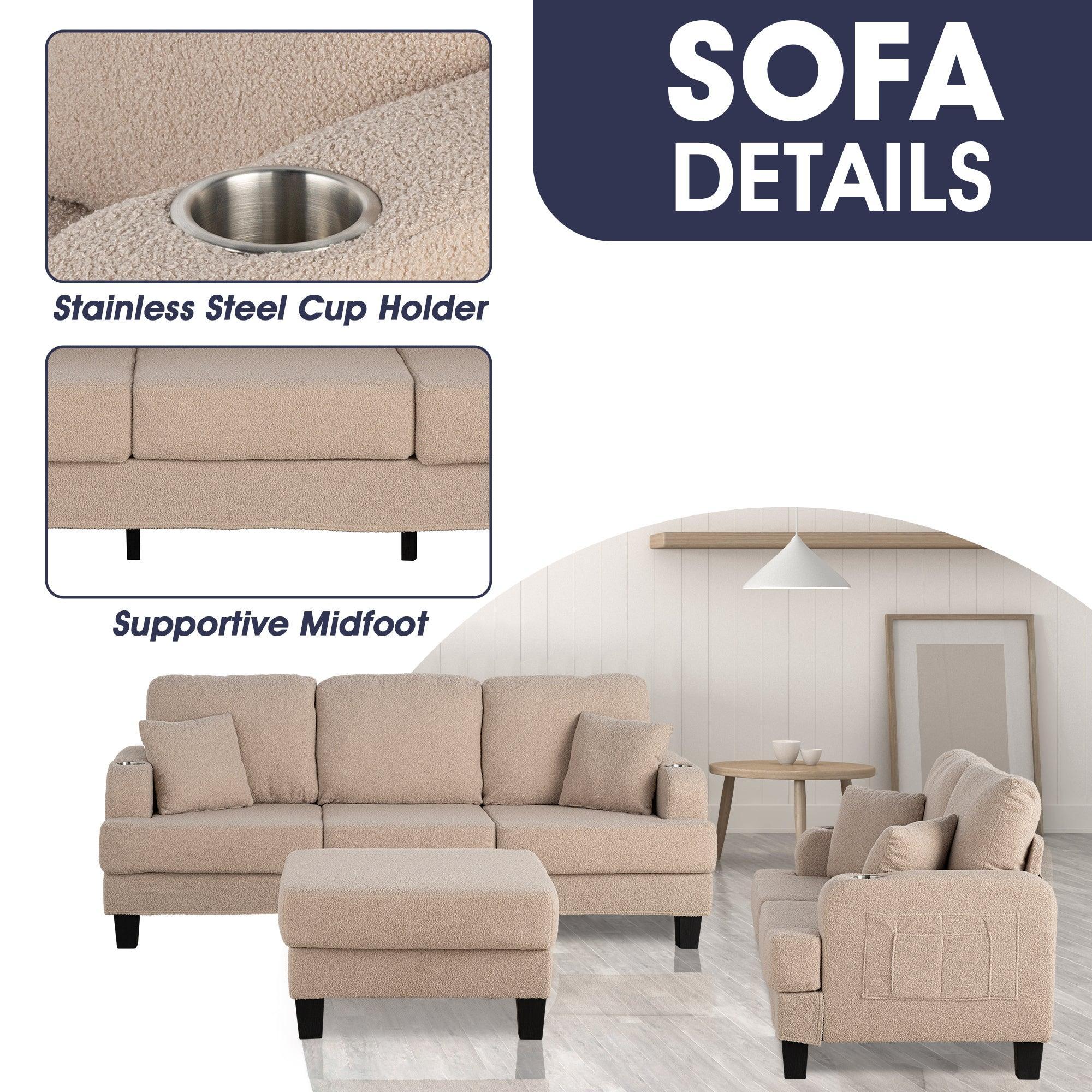 Parrot 3-Piece Sofa Set with Storage Ottoman & USB Charging in Beige - Image 3