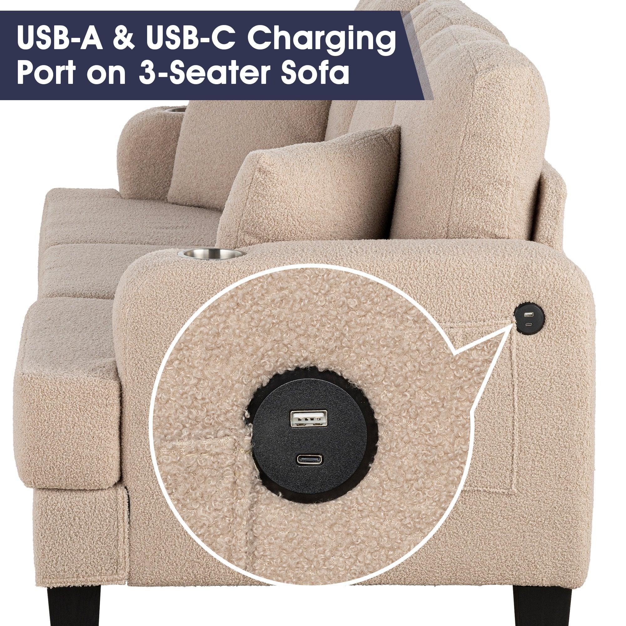 Parrot 3-Piece Sofa Set with Storage Ottoman & USB Charging in Beige - Image 4