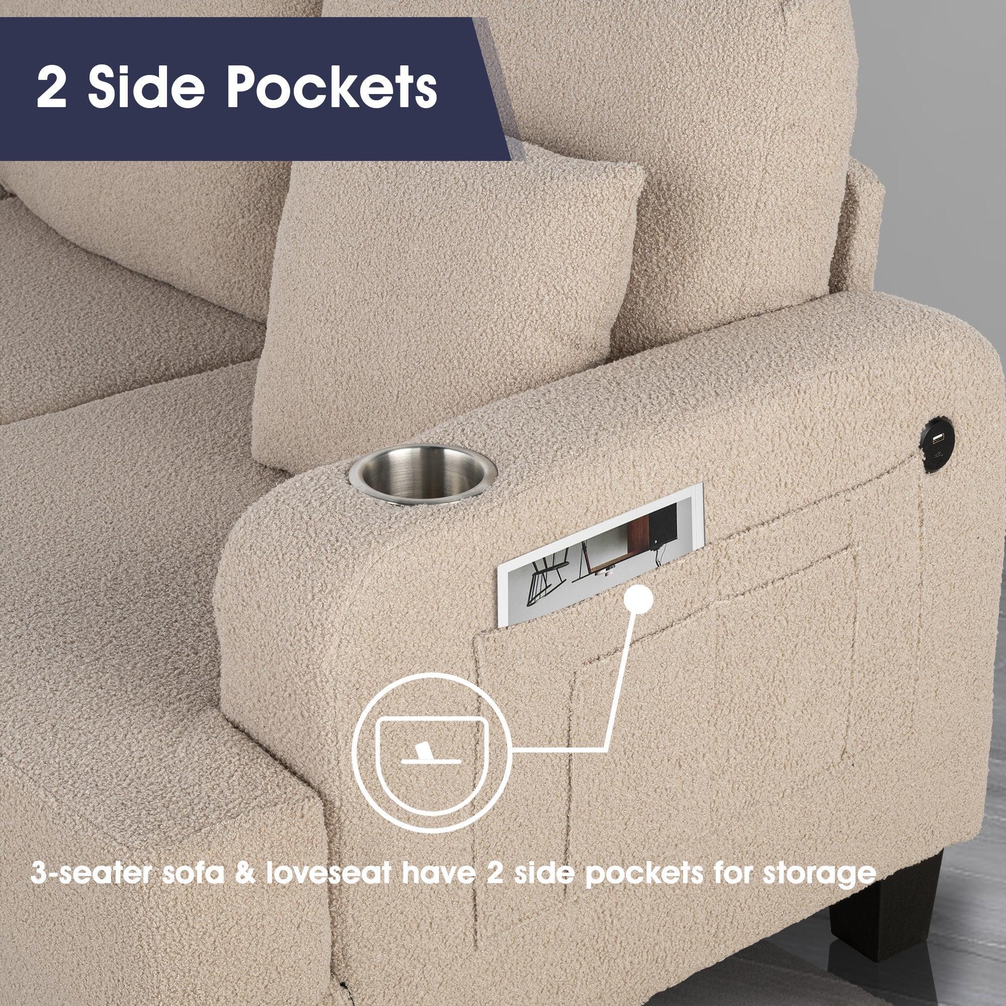 Parrot 3-Piece Sofa Set with Storage Ottoman & USB Charging in Beige - Image 5