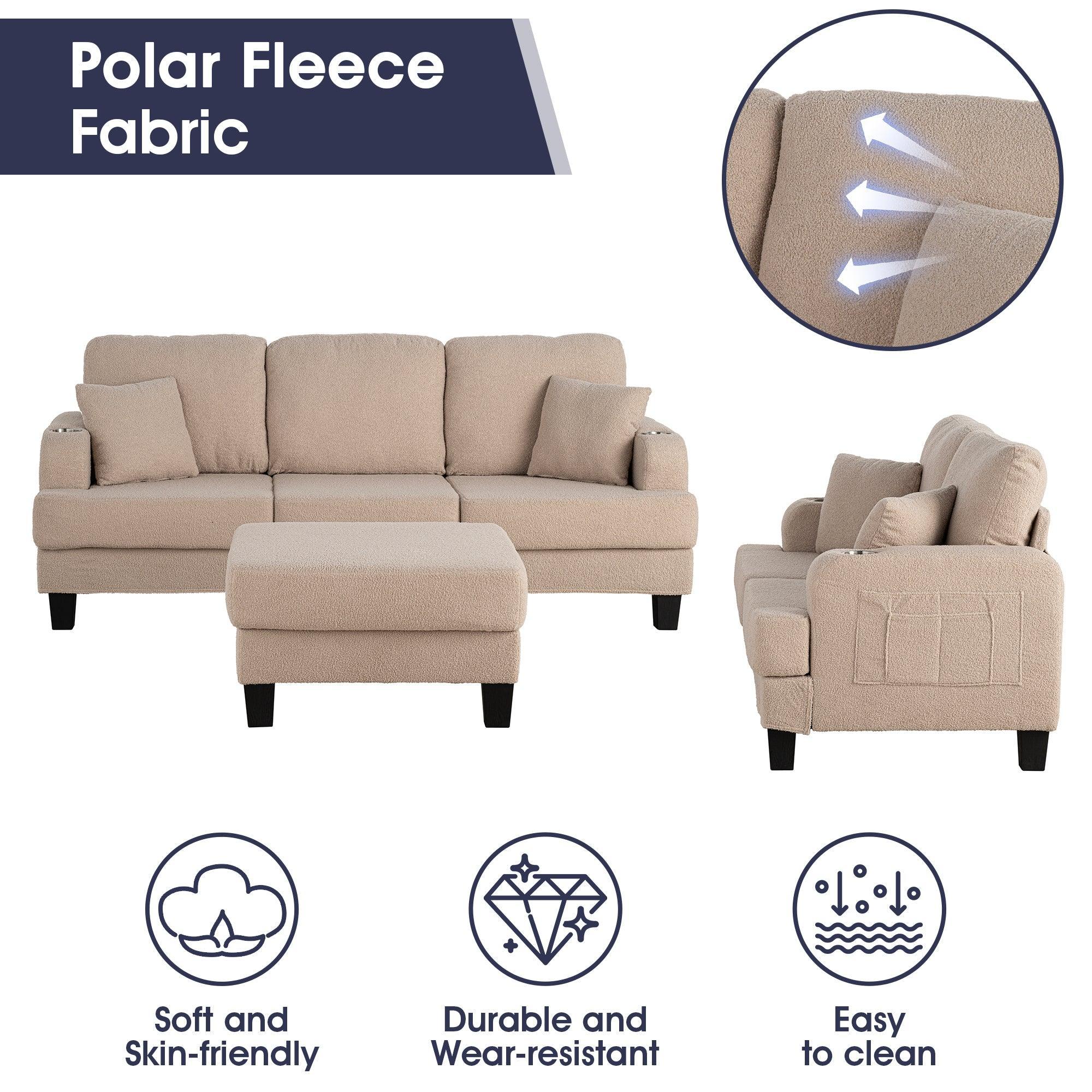 Parrot 3-Piece Sofa Set with Storage Ottoman & USB Charging in Beige - Image 6