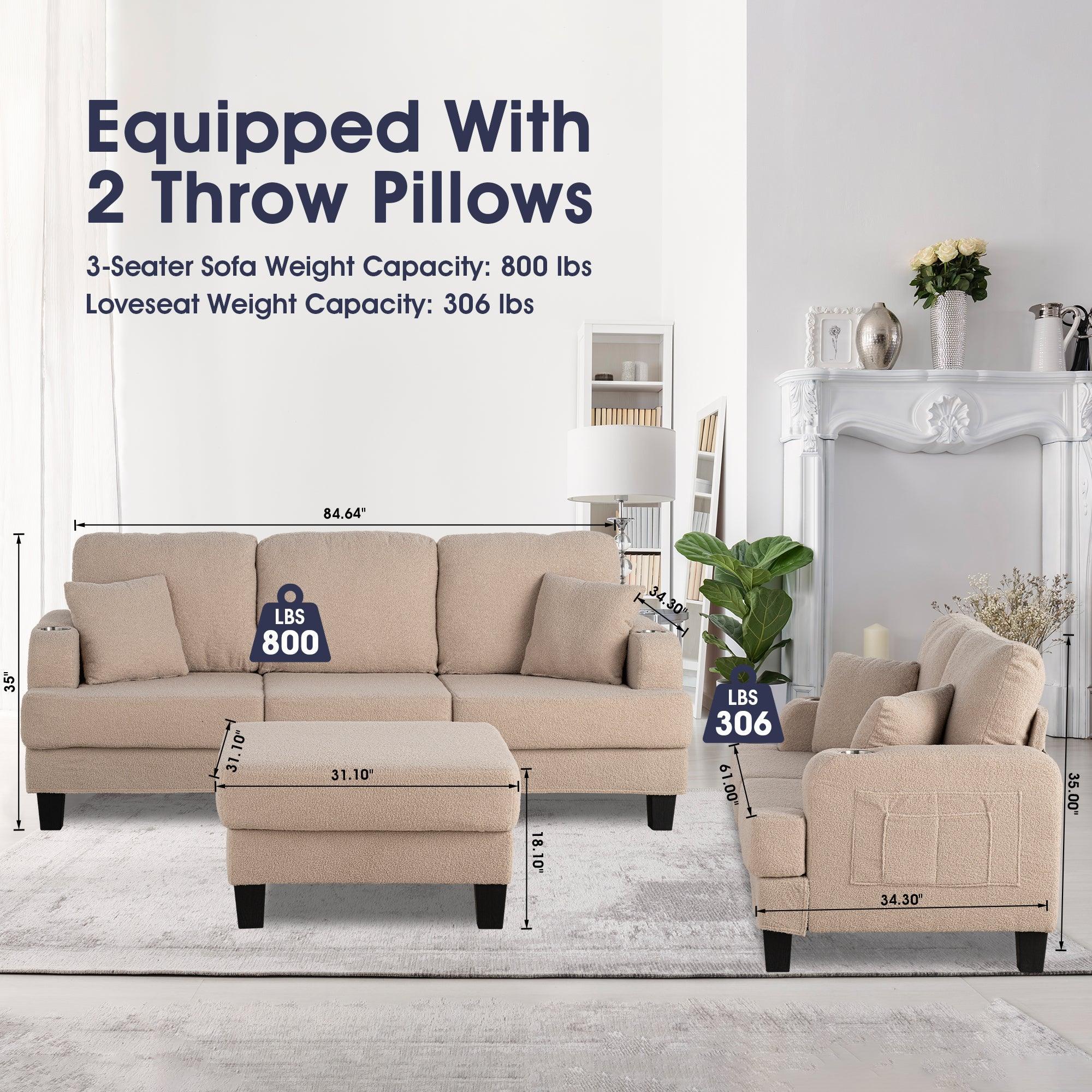 Parrot 3-Piece Sofa Set with Storage Ottoman & USB Charging in Beige - Image 9
