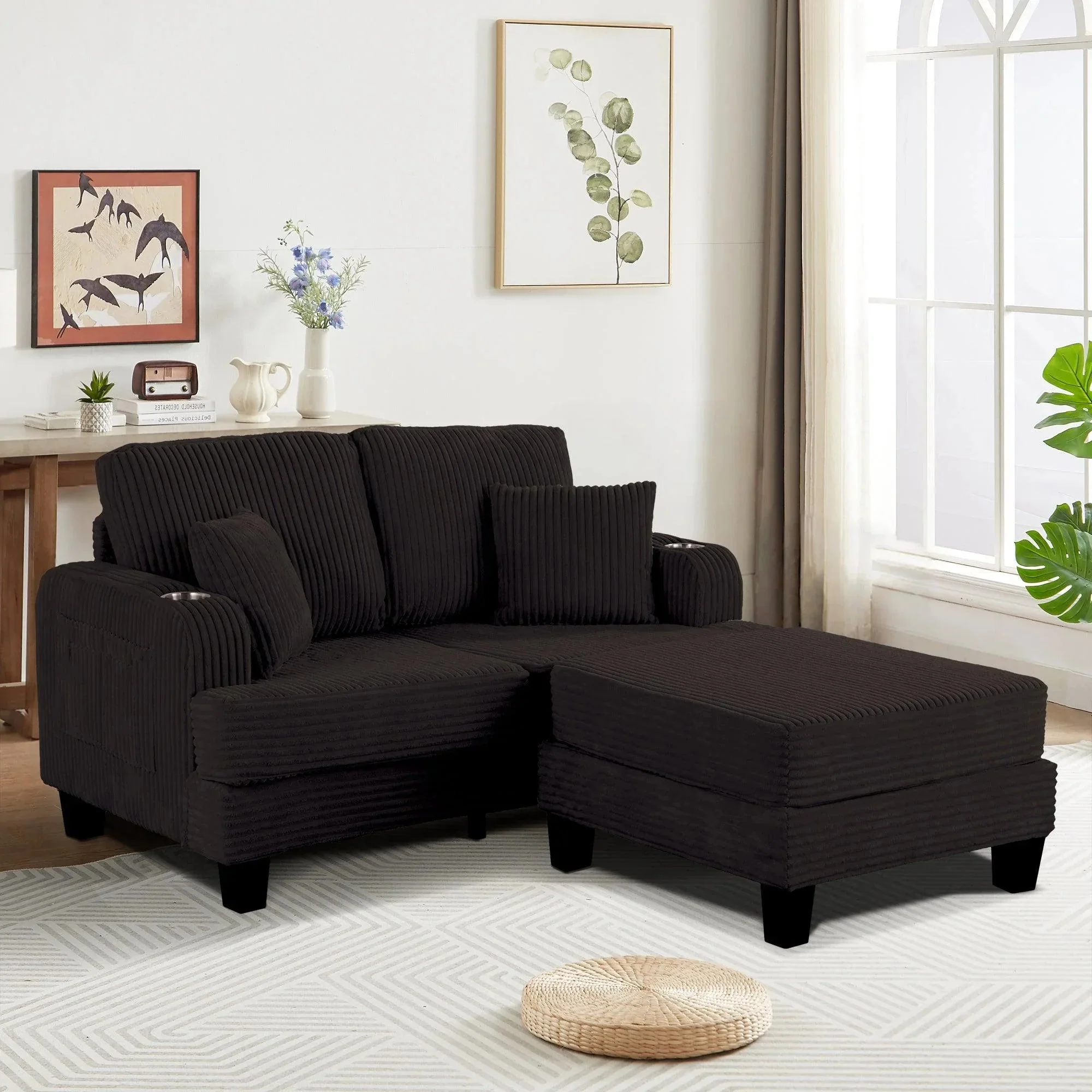 Black 3 Piece Set Comfy Sofa Couch 3-Seater & Loveseat Sofa with Storage Ottoman for Living Room with USB, Side Pockets, Pillows included - Image 10