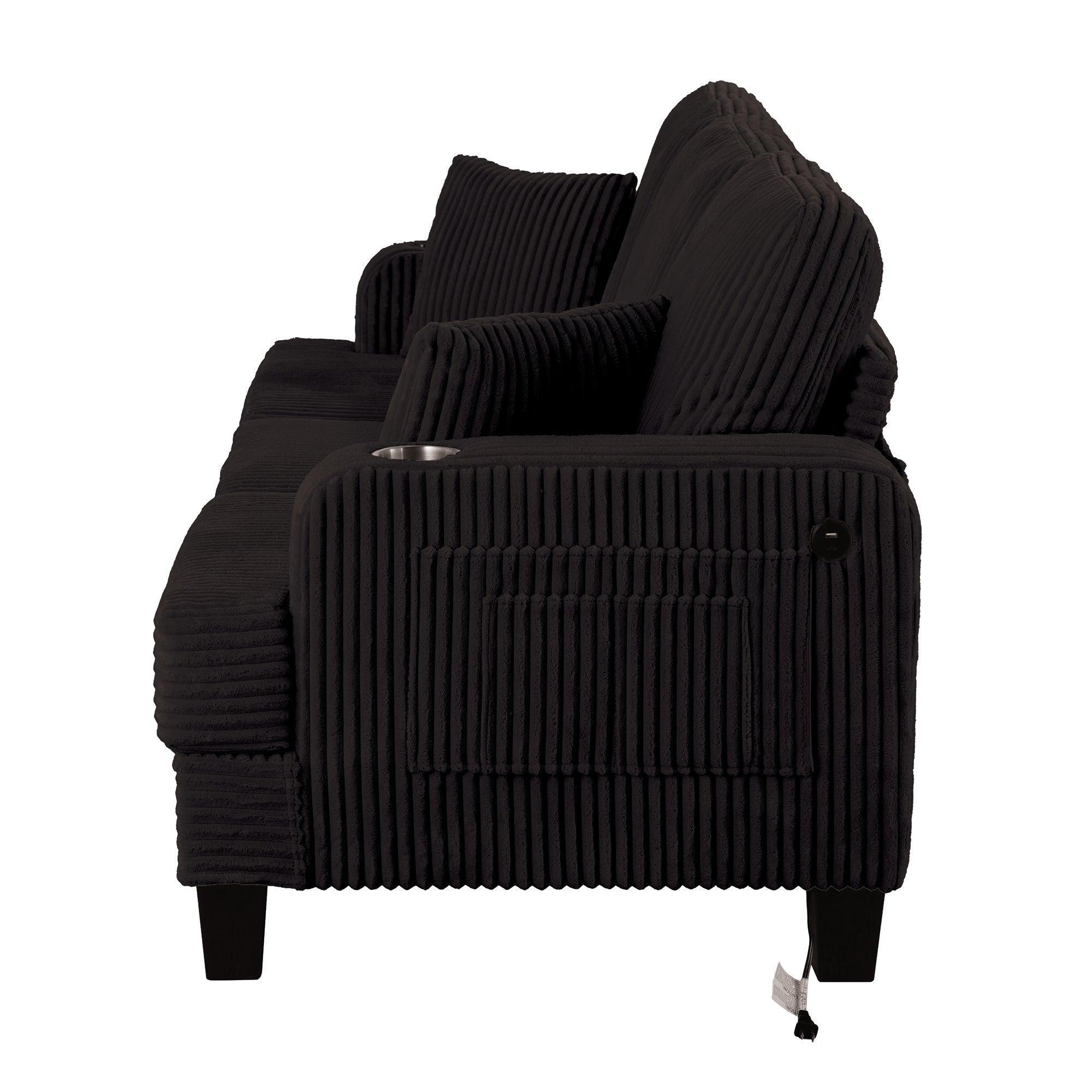 Black 3 Piece Set Comfy Sofa Couch 3-Seater & Loveseat Sofa with Storage Ottoman for Living Room with USB, Side Pockets, Pillows included - Image 15