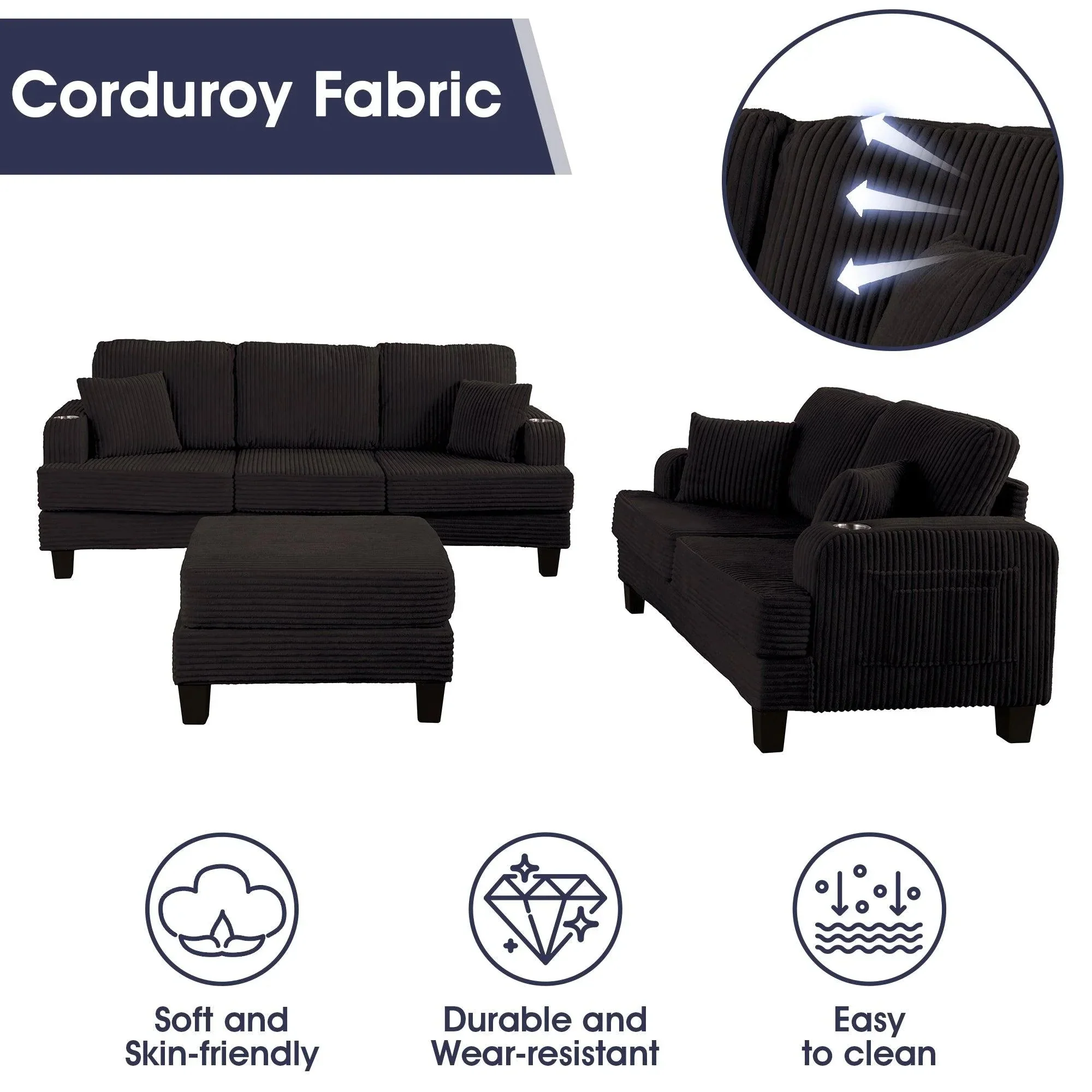 Black 3 Piece Set Comfy Sofa Couch 3-Seater & Loveseat Sofa with Storage Ottoman for Living Room with USB, Side Pockets, Pillows included - Image 3