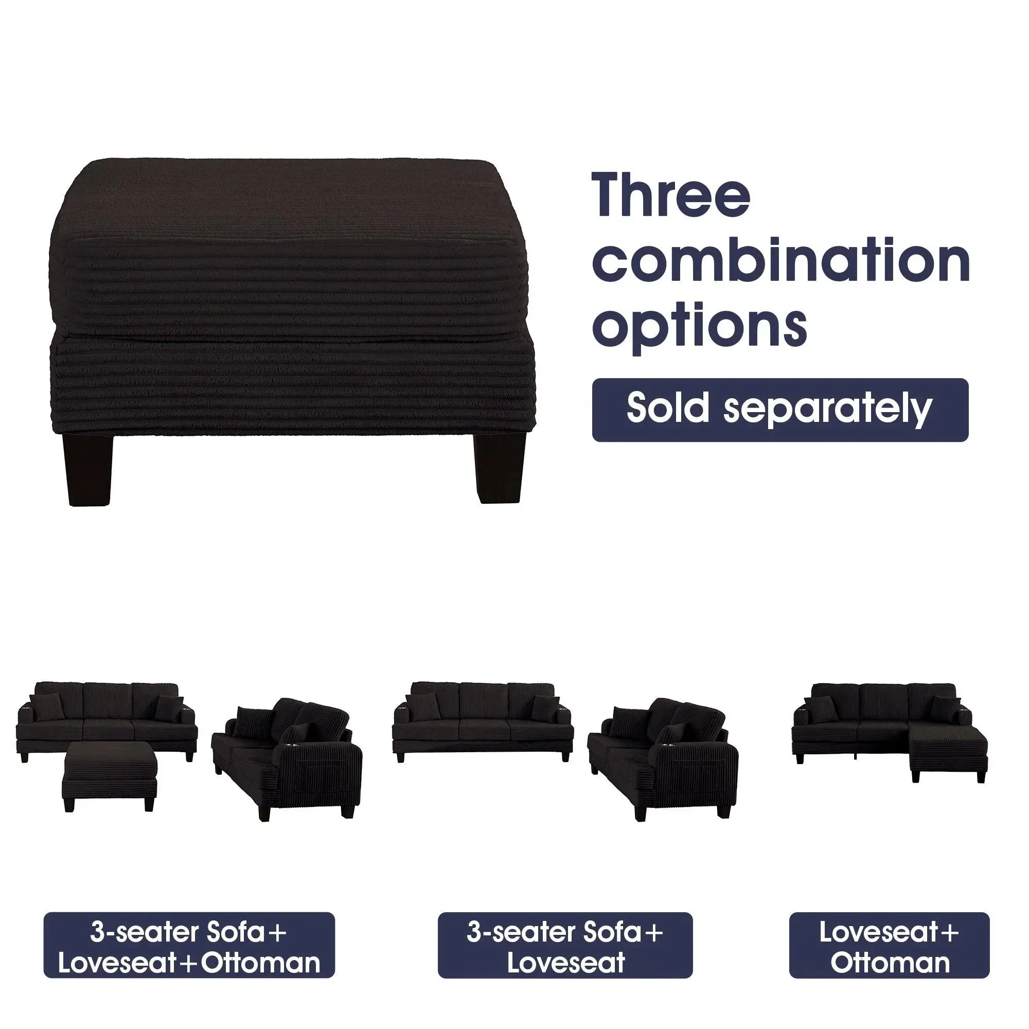 Black 3 Piece Set Comfy Sofa Couch 3-Seater & Loveseat Sofa with Storage Ottoman for Living Room with USB, Side Pockets, Pillows included - Image 4