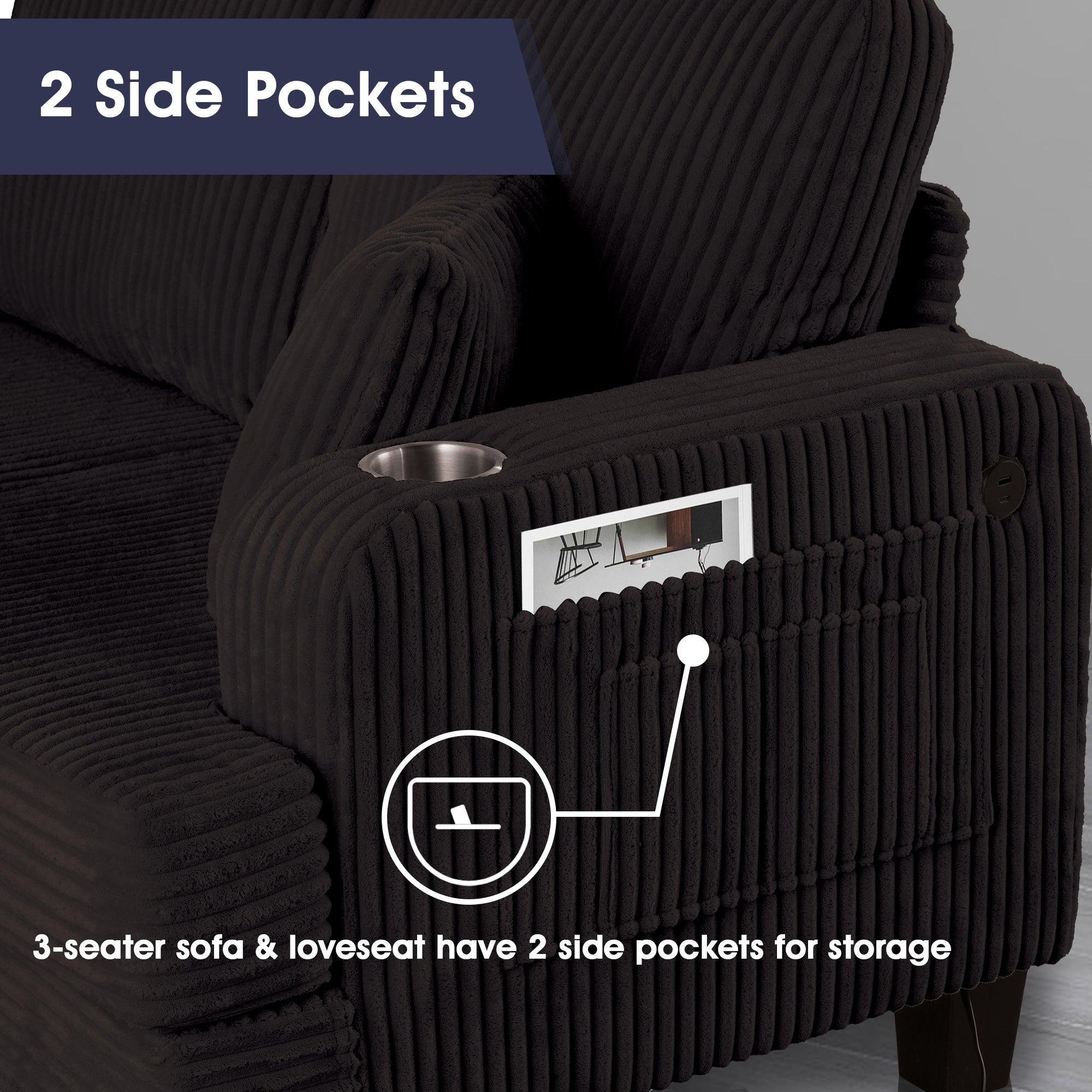 Black 3 Piece Set Comfy Sofa Couch 3-Seater & Loveseat Sofa with Storage Ottoman for Living Room with USB, Side Pockets, Pillows included - Image 5