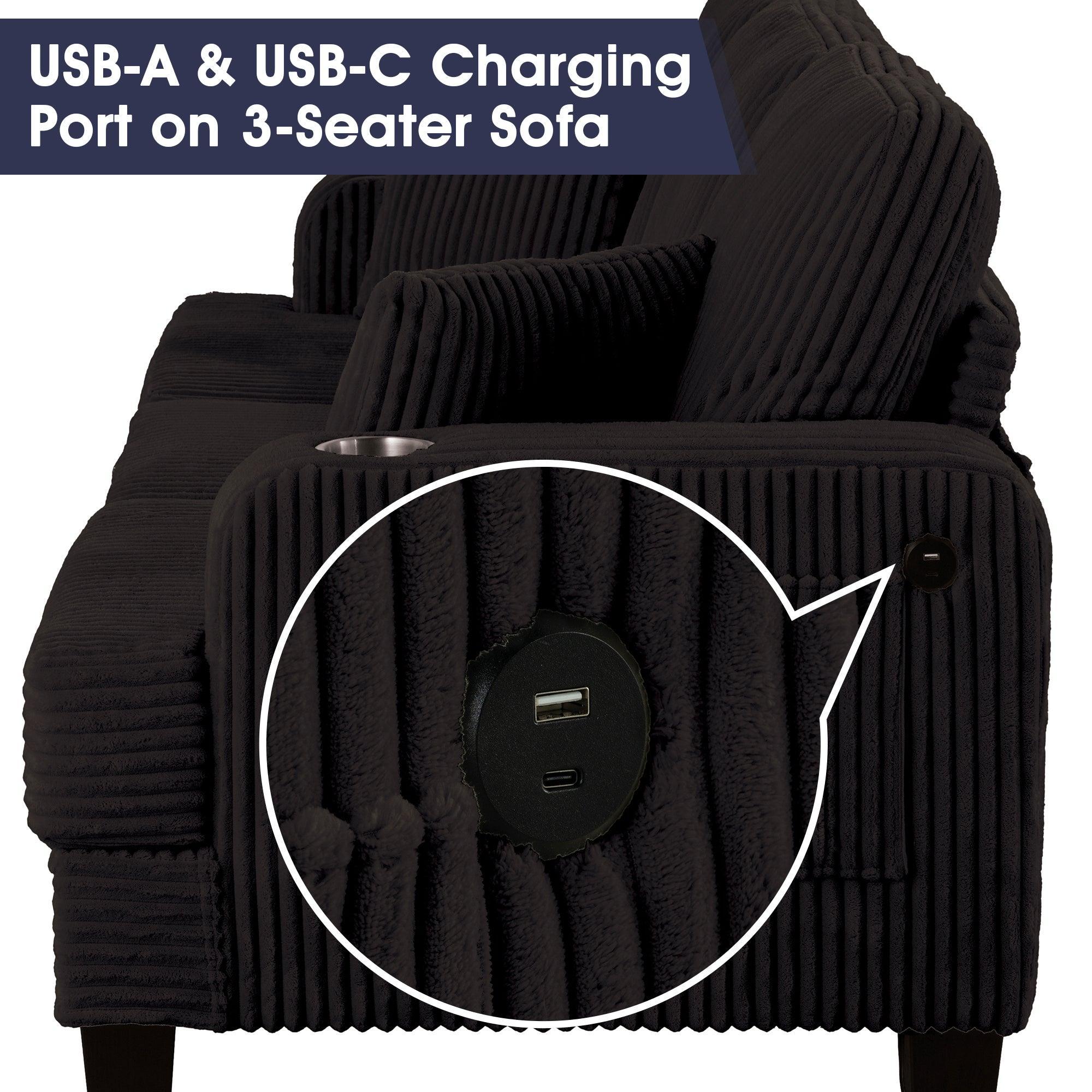 Black 3 Piece Set Comfy Sofa Couch 3-Seater & Loveseat Sofa with Storage Ottoman for Living Room with USB, Side Pockets, Pillows included - Image 6