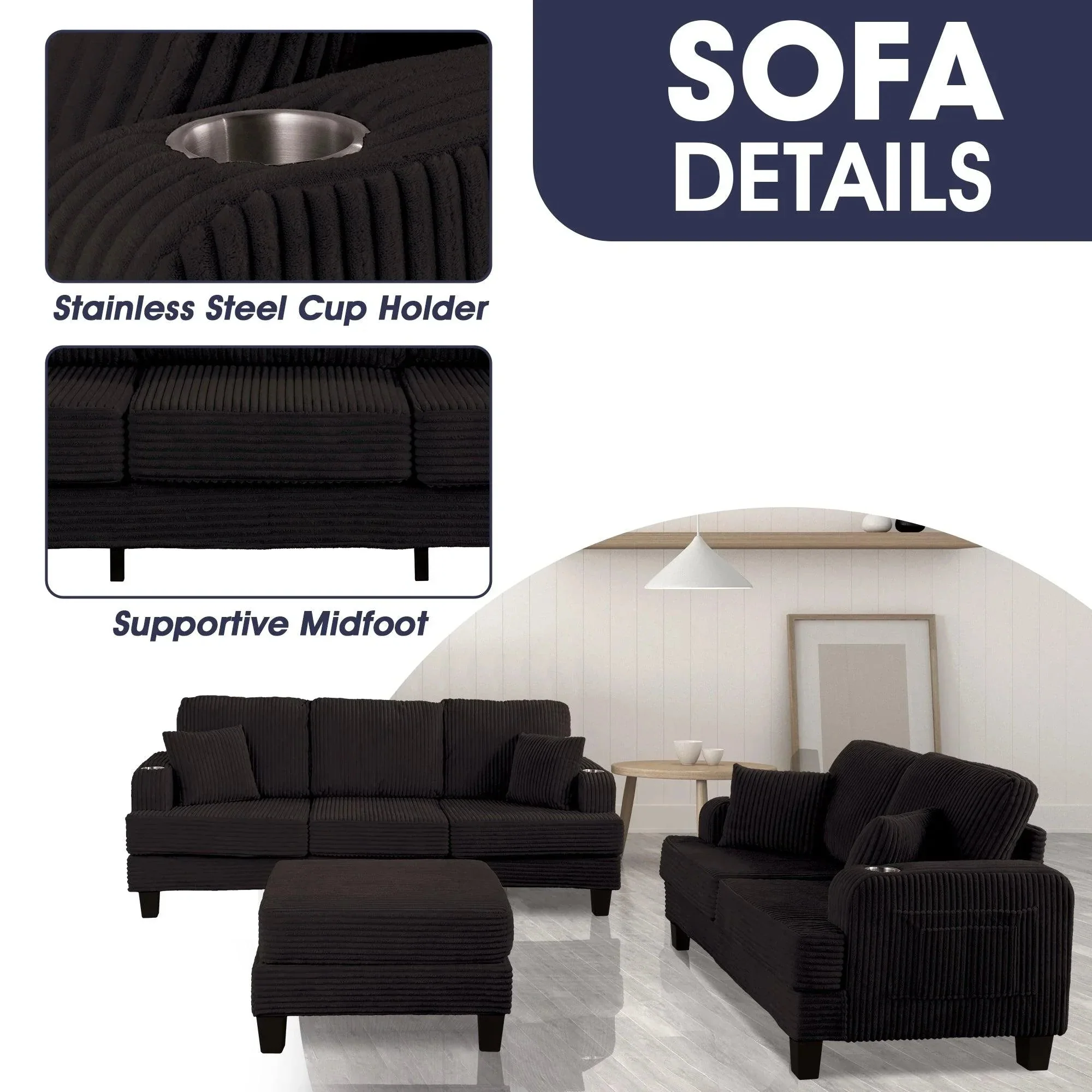 Black 3 Piece Set Comfy Sofa Couch 3-Seater & Loveseat Sofa with Storage Ottoman for Living Room with USB, Side Pockets, Pillows included - Image 7
