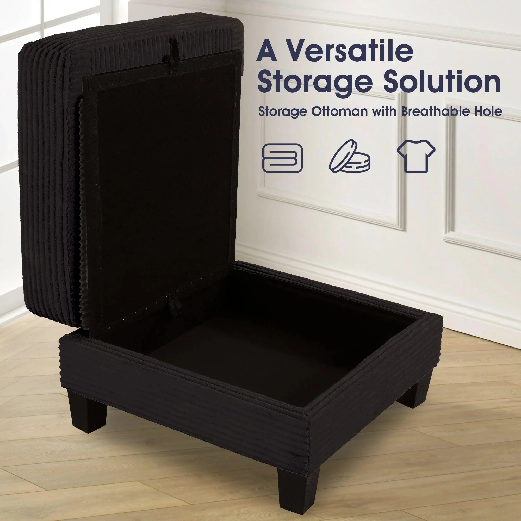 Black 3 Piece Set Comfy Sofa Couch 3-Seater & Loveseat Sofa with Storage Ottoman for Living Room with USB, Side Pockets, Pillows included - Image 8