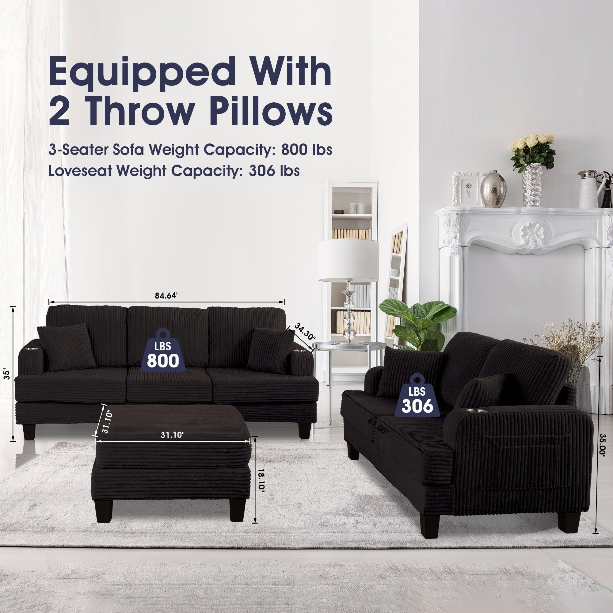 Black 3 Piece Set Comfy Sofa Couch 3-Seater & Loveseat Sofa with Storage Ottoman for Living Room with USB, Side Pockets, Pillows included - Image 9