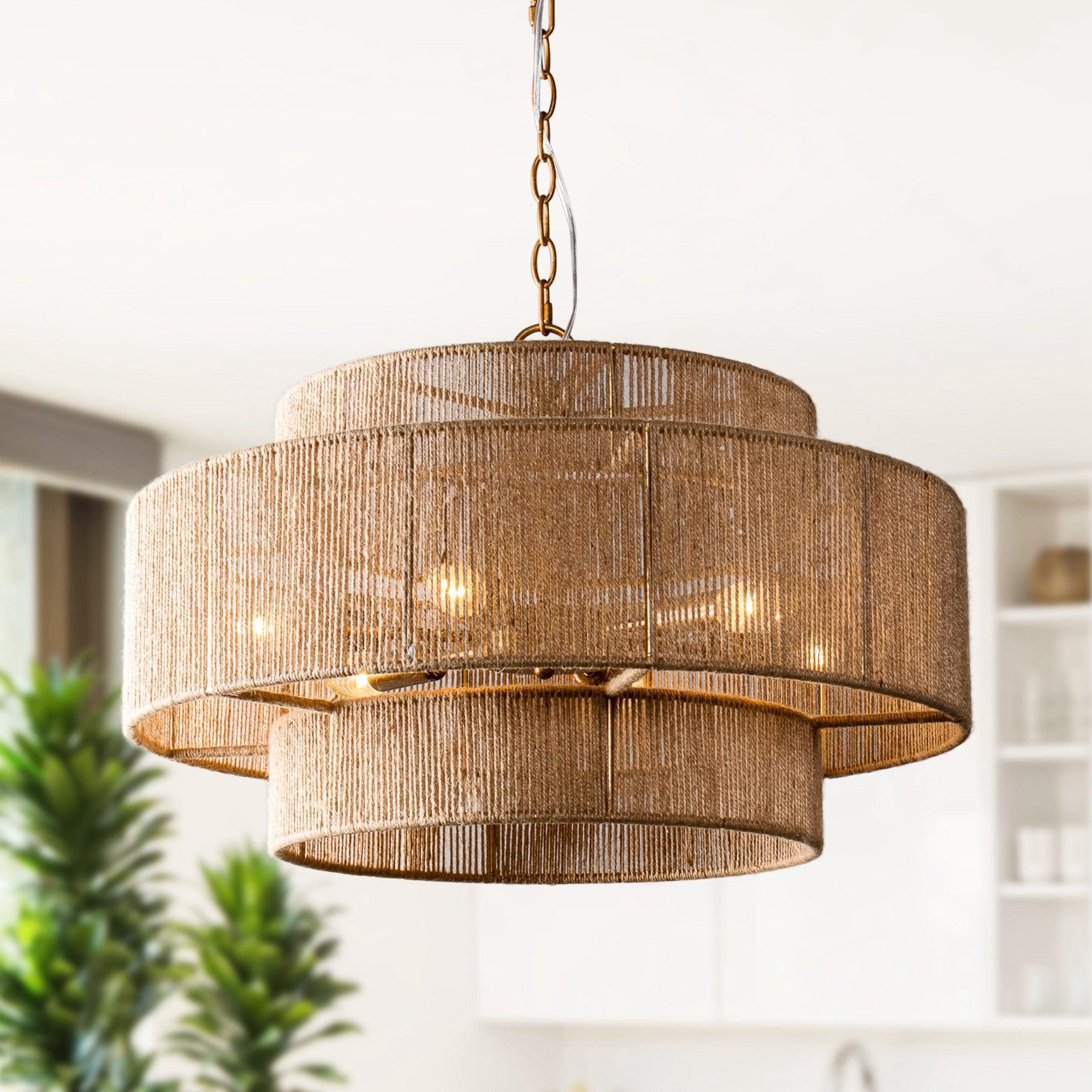 Parrot Uncle Bohemian Antique Gold 6-Light Drum Downrod Mount with Natural Rope Shade (BBW9633-6) - Image 6