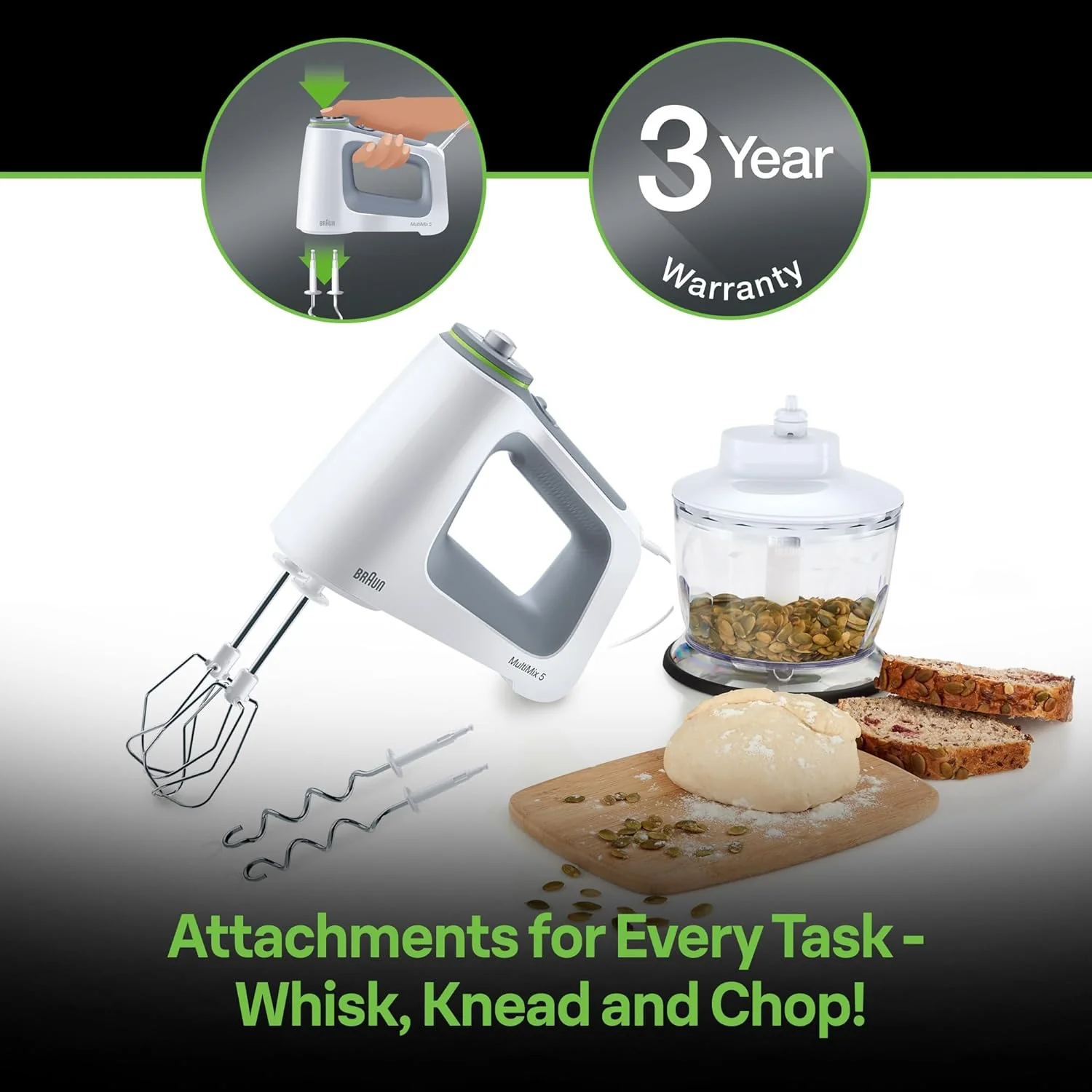 Braun Hand Mixer with Beaters, Dough Hooks and Accessory in White (HM5130WH) - Image 5