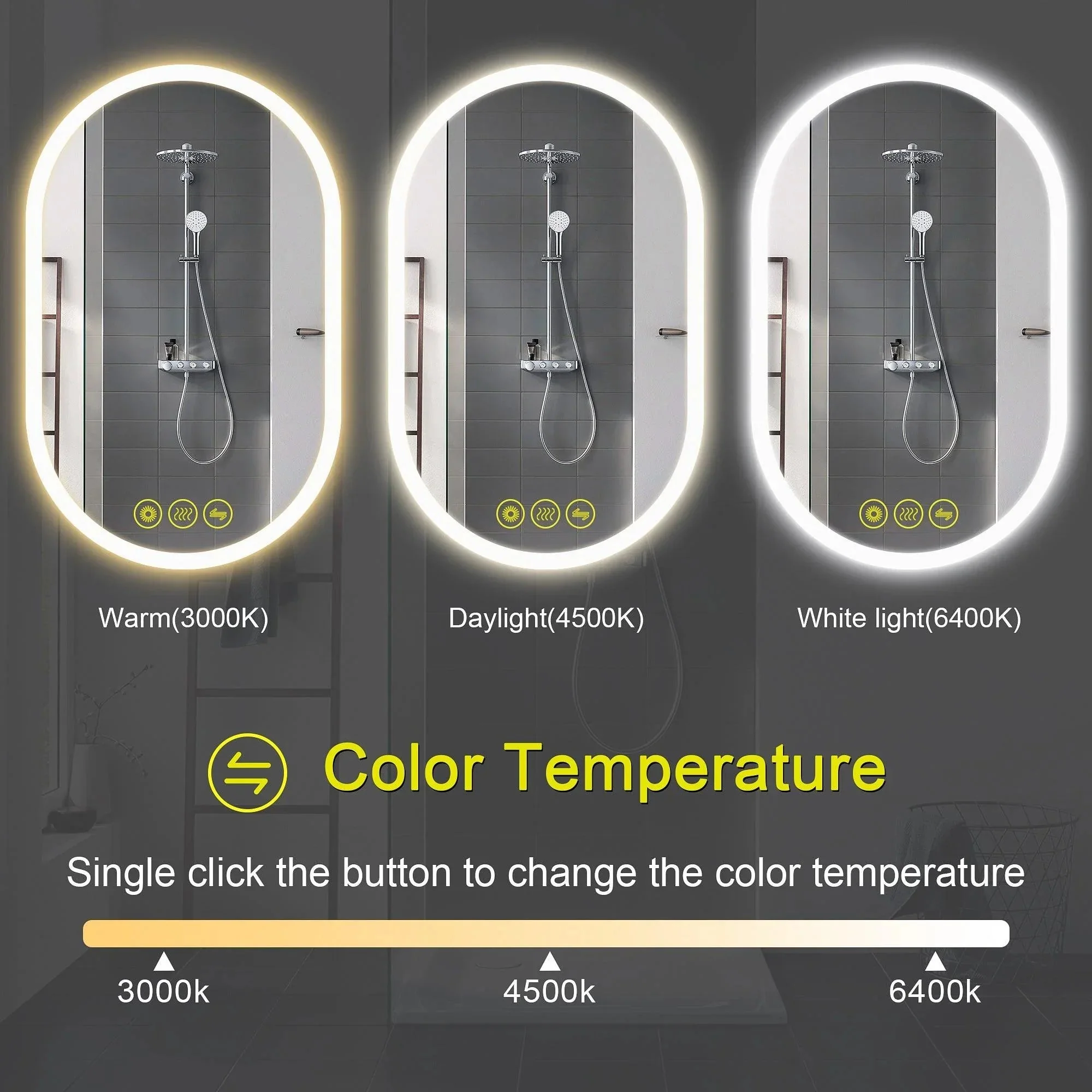 Parrot Uncle BrightView Oval Frameless LED Anti-Fog Dimmable Bathroom Vanity Mirror - Image 3