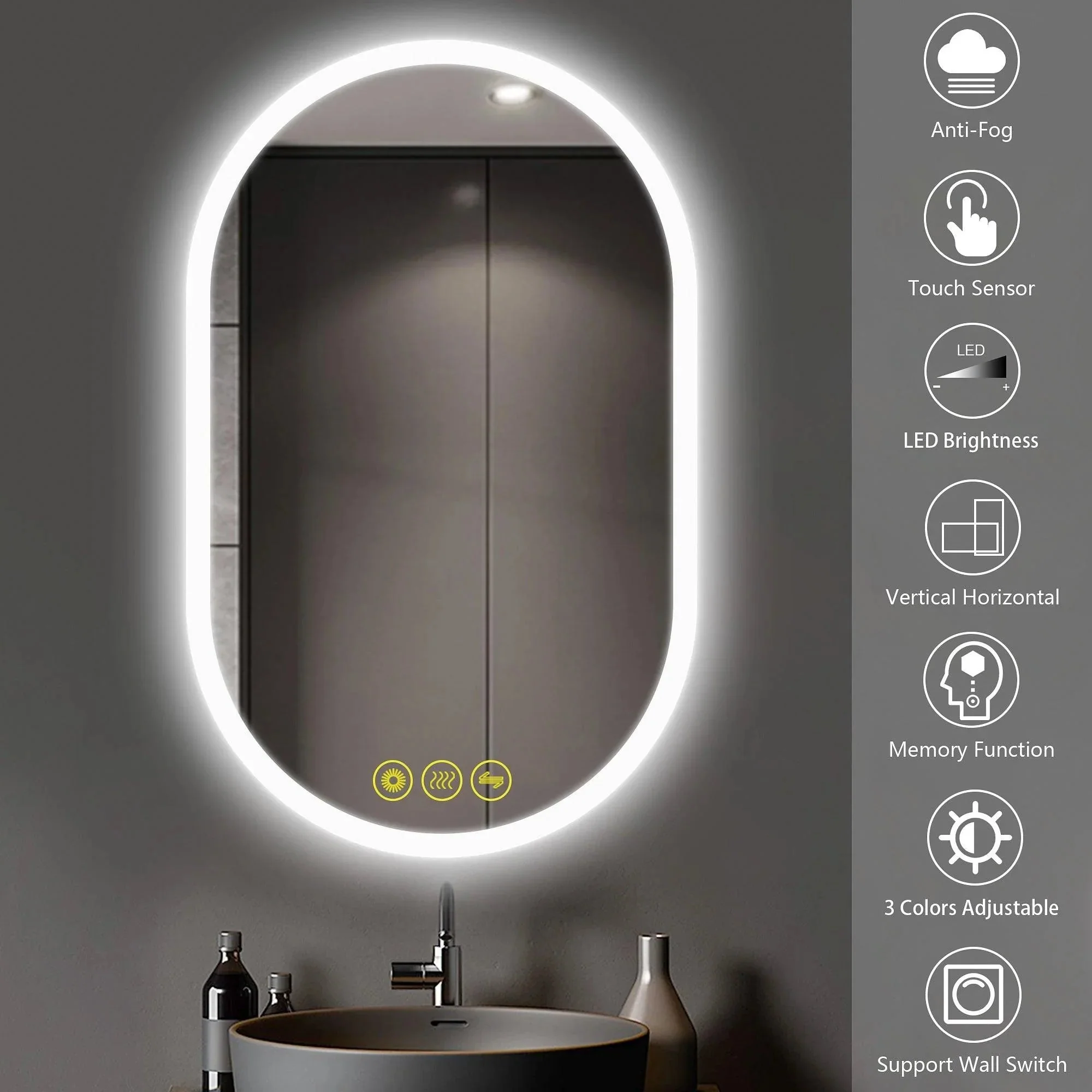Parrot Uncle BrightView Oval Frameless LED Anti-Fog Dimmable Bathroom Vanity Mirror - Image 8
