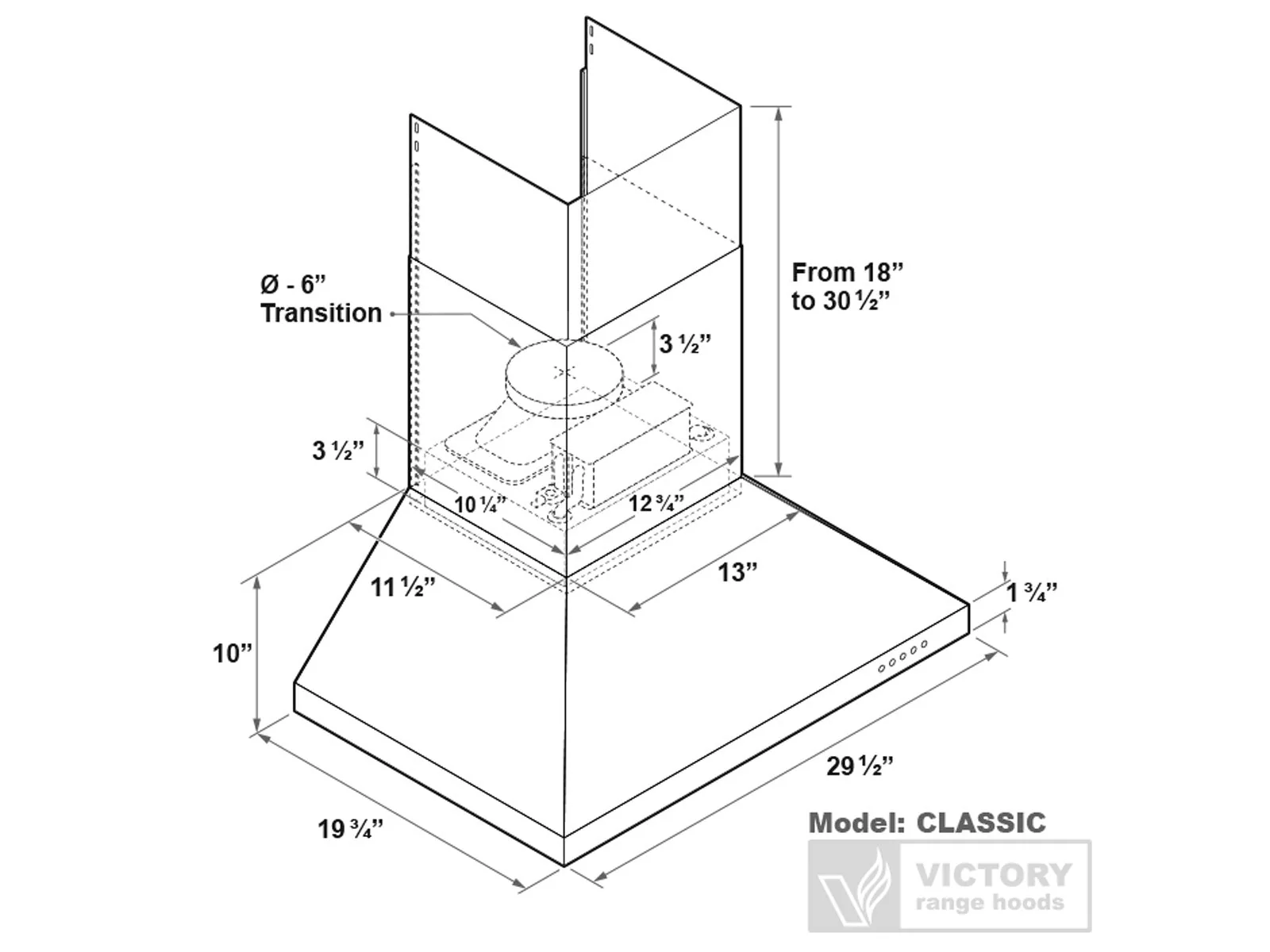 Victory Classic 30-Inch 600 CFM Wall Mount Range Hood in Stainless Steel (CLASSIC-30) - Image 7