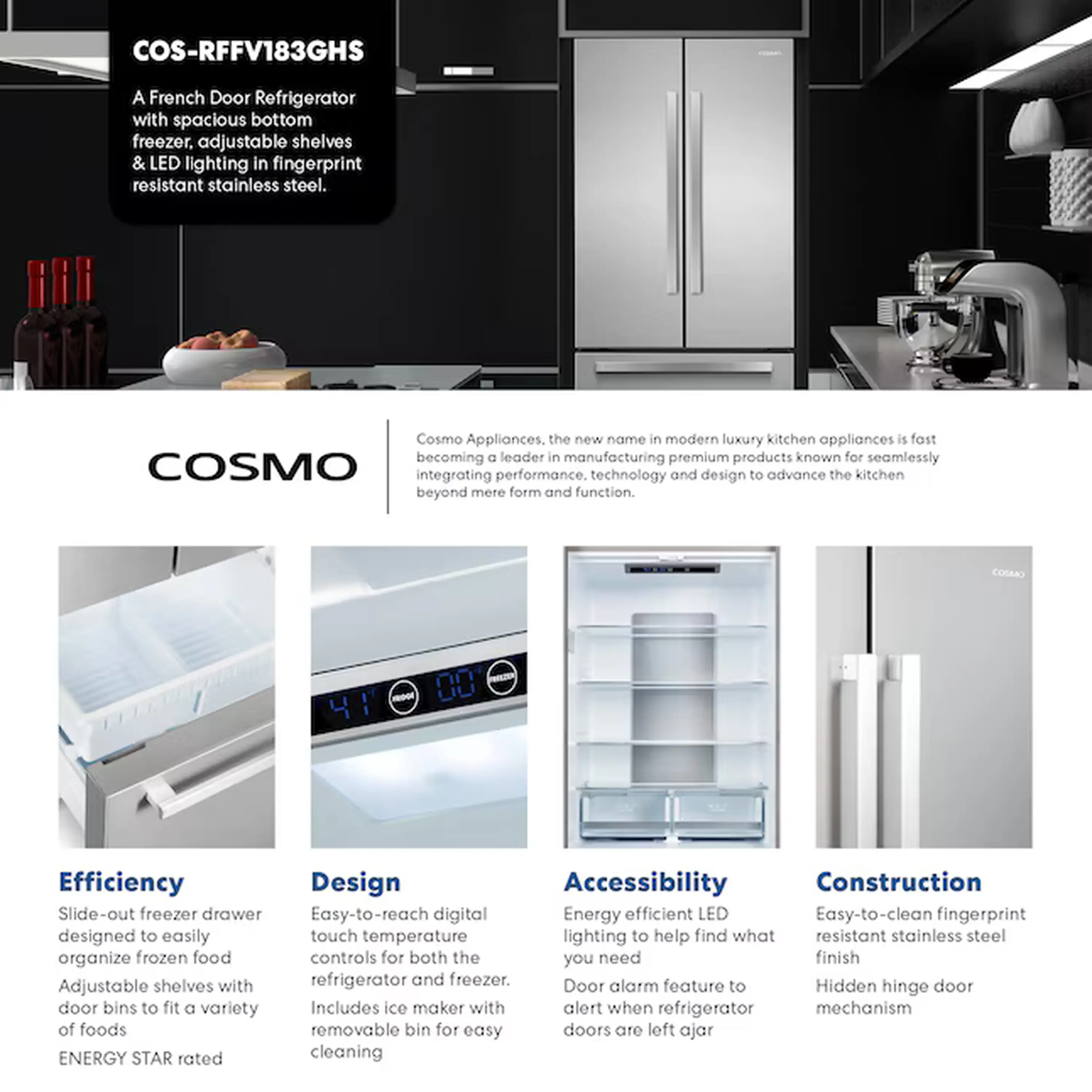 Cosmo 30-Inch 17.5 Cu. Ft. Counter-Depth French Door Refrigerator with Ice Maker in Stainless Steel (COS-RFFV183GHS) - Image 9