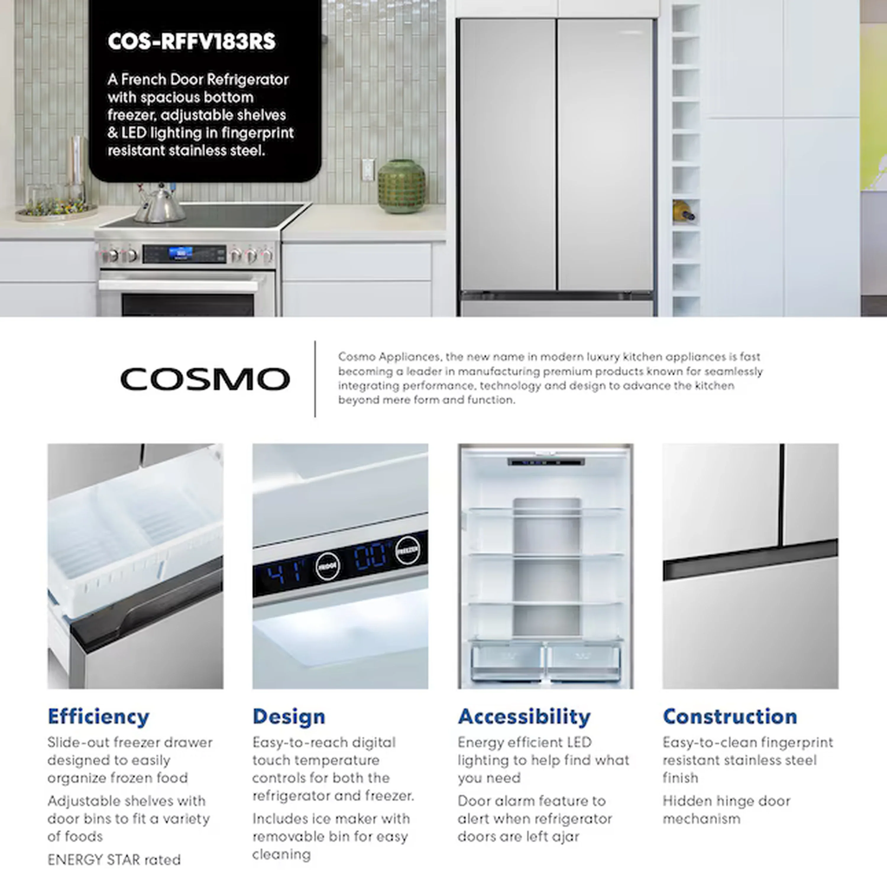 Cosmo 30-Inch 17.5 Cu. Ft. Counter-Depth French Door Refrigerator with Ice Maker in Stainless Steel (COS-RFFV183RS) - Image 13