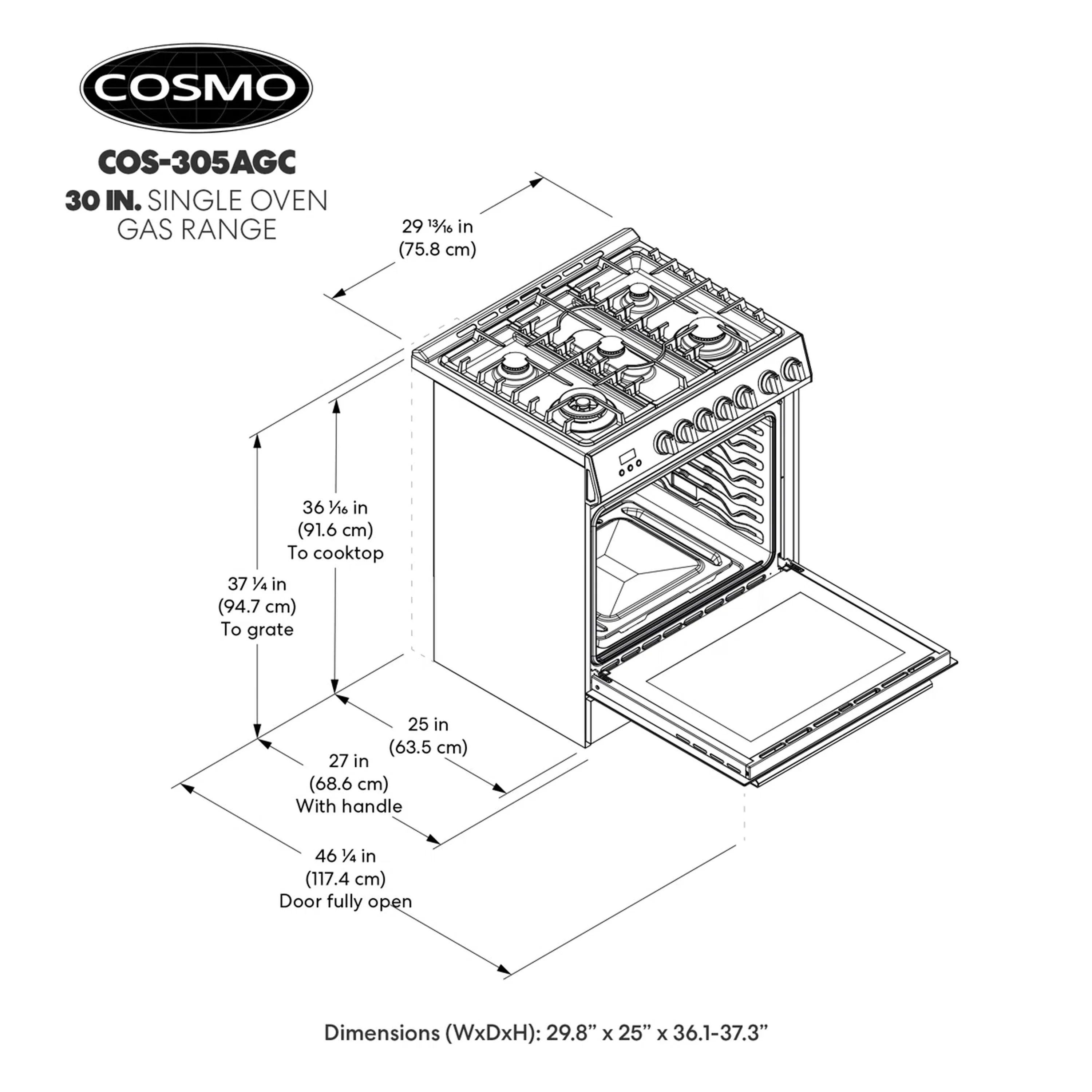 Cosmo 30-Inch 5.0 Cu. Ft. Single Oven Gas Range with 5 Burner Cooktop in Stainless Steel (COS-305AGC) - Image 12