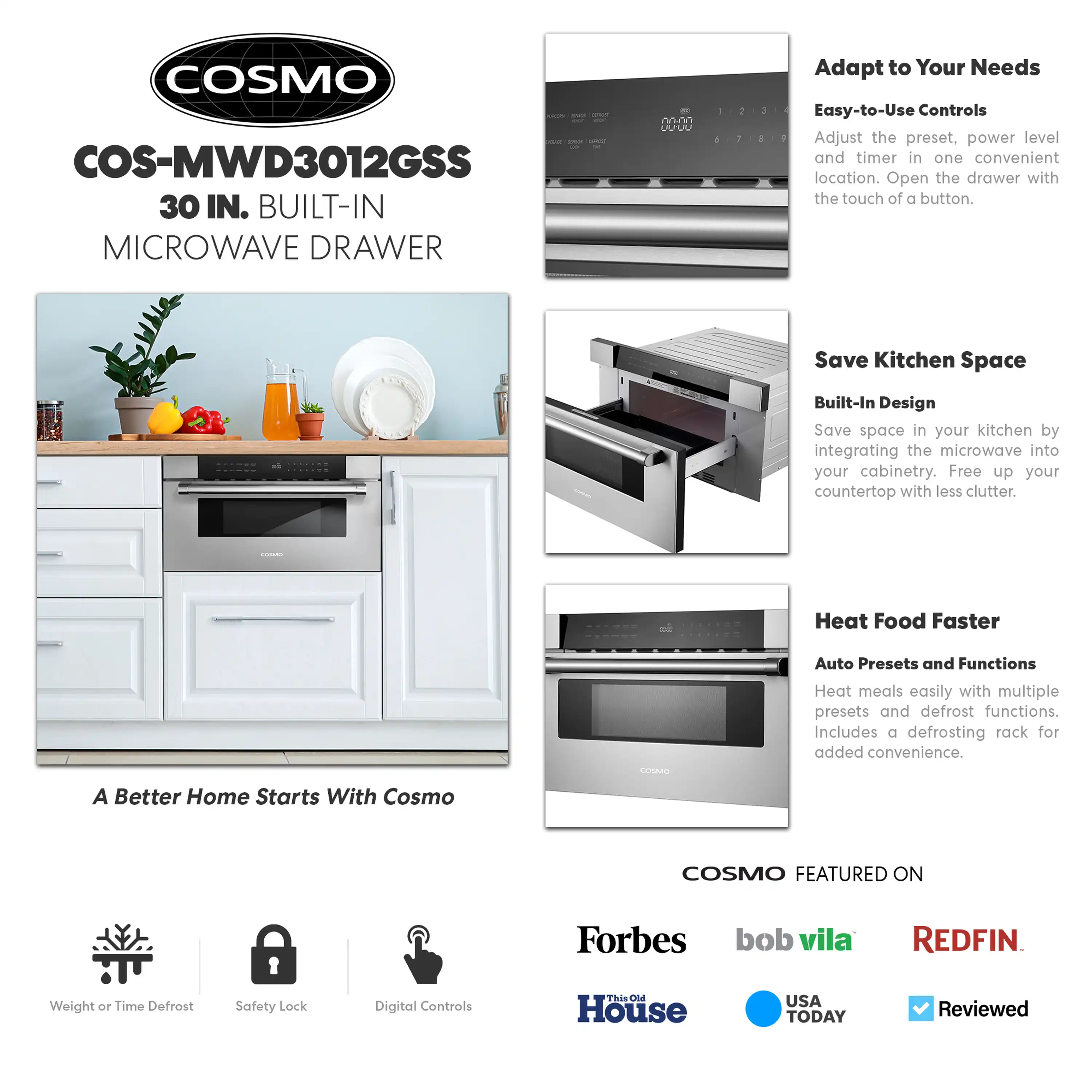 Cosmo 30-Inch Built-In Microwave Drawer in Stainless Steel (COS-MWD3012GSS) - Image 9