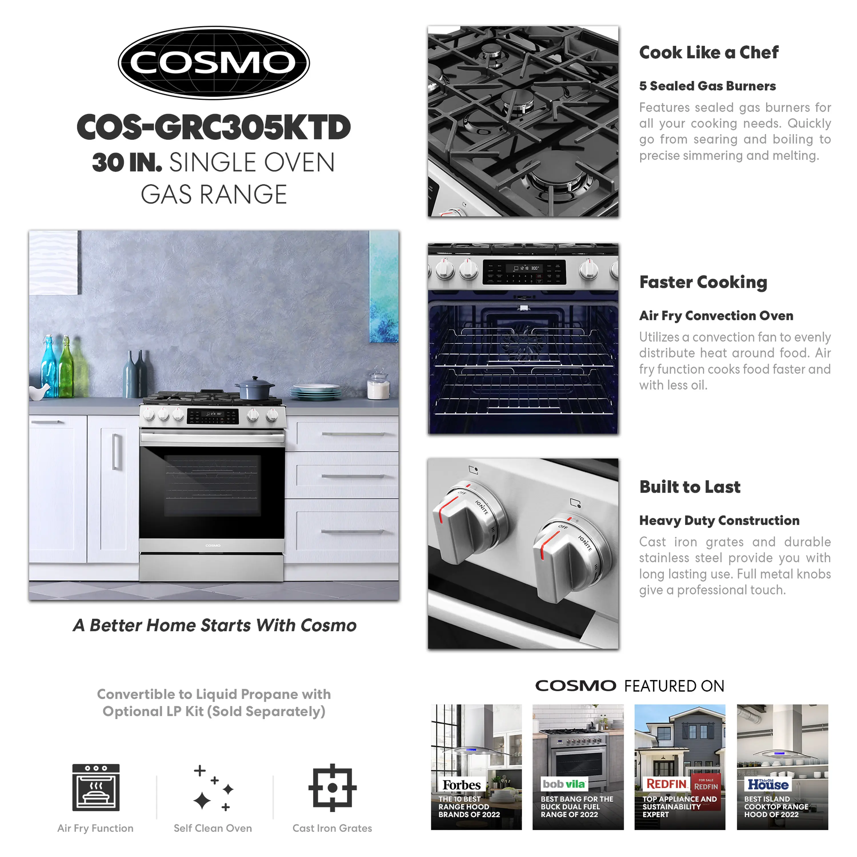 Cosmo 30-Inch Professional Style Gas Range with 5 Gas Burners and 6.1 Cu. Ft. Convection Oven in Stainless Steel (COS-GRC305KTD) - Image 12