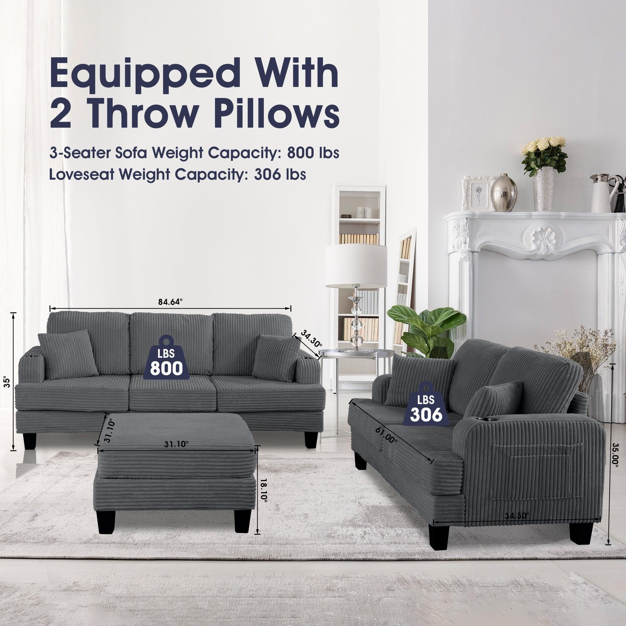 Parrot Uncle Dark Gray 3 Piece Set Comfy Sofa Couch 3-Seater & Loveseat Sofa with Storage Ottoman for Living Room with USB, Side Pockets, Pillows included - Image 10
